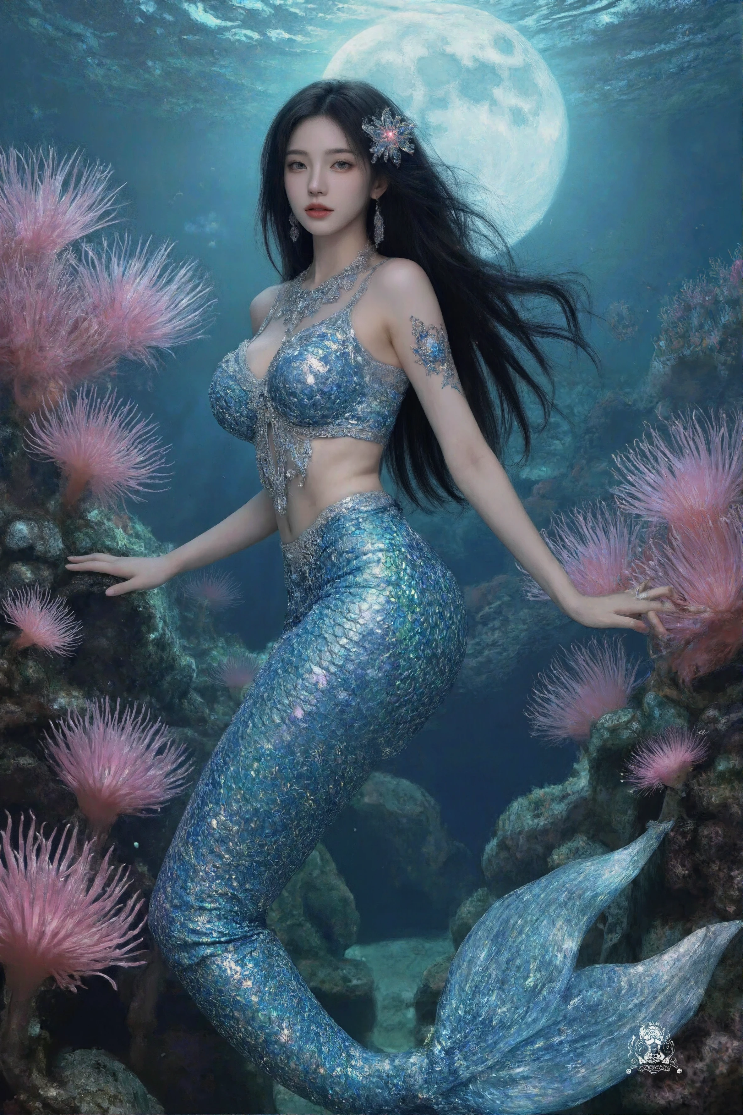 (1A young and breathtakingly beautiful mermaid)、(Full Body Portrait:1.9)、(Underwater light refraction)、(Buoyancy in water)、(dim)、Ideal proportions、Fish body、The body of a fish with scales from the waist down、Big Breasts、The faint light、Detailed Mermaid Features、Beautiful details and captivating grey eyes、Beautiful details and luscious lips、Highly detailed eyes and face、Beautiful detailed grey hair、Long eyelashes、Rainbow glowing scales、Elegant kneeling pose、Real、フォトRealistic、フォトRealistic:1.37、(highest quality、4k) 、8k、High resolution、Masterpiece: 1.2)、Super detailed、(Realistic、フォトRealistic、フォトRealistic: 1.37)、Fantasy、Magical Realism、Cinematic lighting、Dramatic lighting、Dramatic color contrast、A little bright color among the dull colors、Intricate details、seamless、Cinematic composition、Award-winning digital art