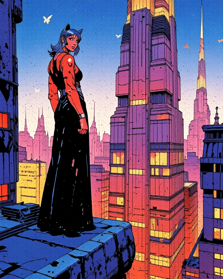 A vibrant, highly detailed, and dramatic painting. (80s Style), (Noise Effect:1.3), (VHS Grain Effect:1.2) Art style by Noriyoshi Ohrai, Art style by Moebius Jean Giraud, (masterpiece, 4k ,ultra detailed,raw photo:1.2),illustration,(symmetry:1.2),(art deco:1.4),(minimalism:1.4),(clean:1.4),(flat_color:1.4), k, HDR, highly detailed, ultra sharp
In a dystopian metropolis, a bronze skin Saudi Arabian femme fatale, cybernetic implants gleaming under flickering neon lights, poses confidently on the edge of a crumbling rooftop. Her cAT EYES ARE FOCUSED, as she surveys the city's sprawl below. In the distance, towering skyscrapers pierce the smog-choked sky, while holographic advertisements swirl like ethereal butterflies. The cat girl's ears tuned to the distant hum of hovercars and the city's perpetual murmur of rebellion.