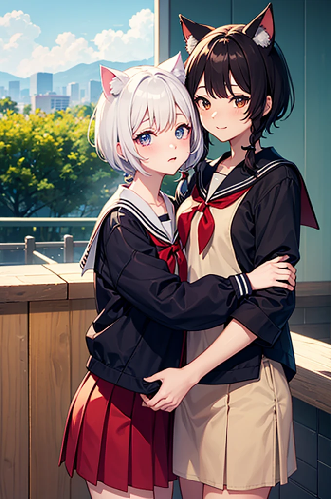 2 girls, elf, silver hair, red eyes, bob cut, braid, lily, kiss, school uniform, sailor suit, concept art, beautiful anime scene, beautiful anime scenery, top rating on pixiv, best quality, 4K