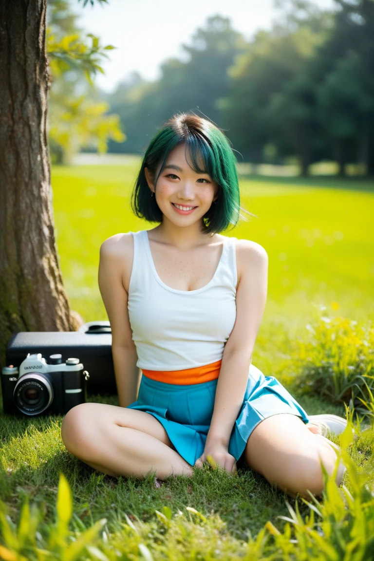 ((Full HD photo)), 1 Asian girl, realistic, green hair, bob hair, covered in freckles, blue eyes, sitting on grass, tank top, skirt, gentle smile, trees in foreground, grass, looking at camera, camera focussed on girl, average body weight.