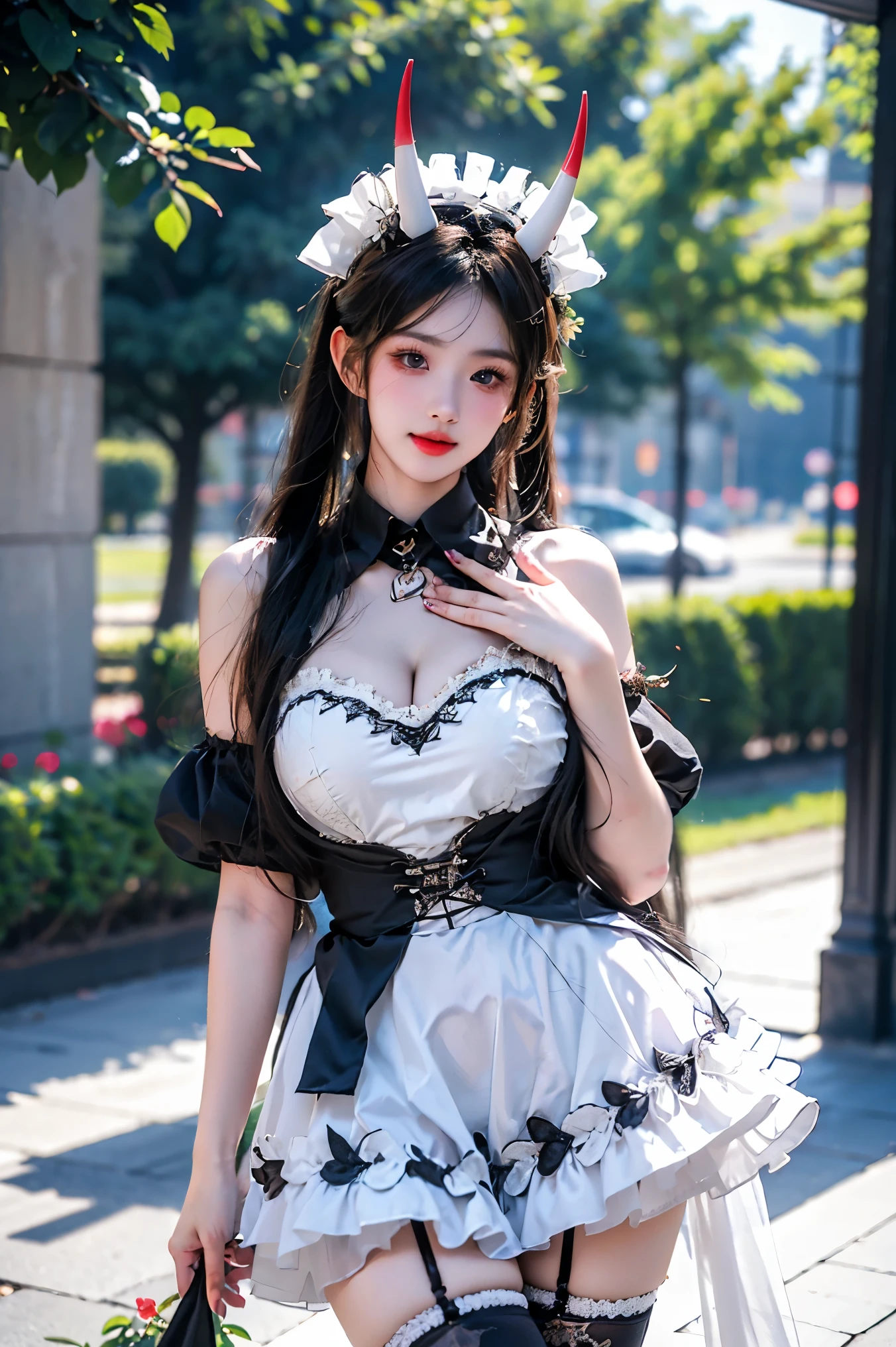 nsfw, sexy stylish Thai model, only 1 female, ((doll-like appearance)), short Mahogany stylish hair, ((shiny Victorian-Style boots)), (big smile), ultra detailed eyes, vivid eye makeup, lip-gloss, long lashes, defined eyebrows, ((sexy Paradise Kiss cosplay)), bell-shaped skirt, petticoats, high neckline, puffed sleeves, ((ultra detailed lace)), ((ultra detailed embroidery)), intricate details, Paradise Kiss accessoires and matching headpiece, choker, ((large sparkling Paradise Kiss jewelry)), cinematic light, detailed large park background with trees