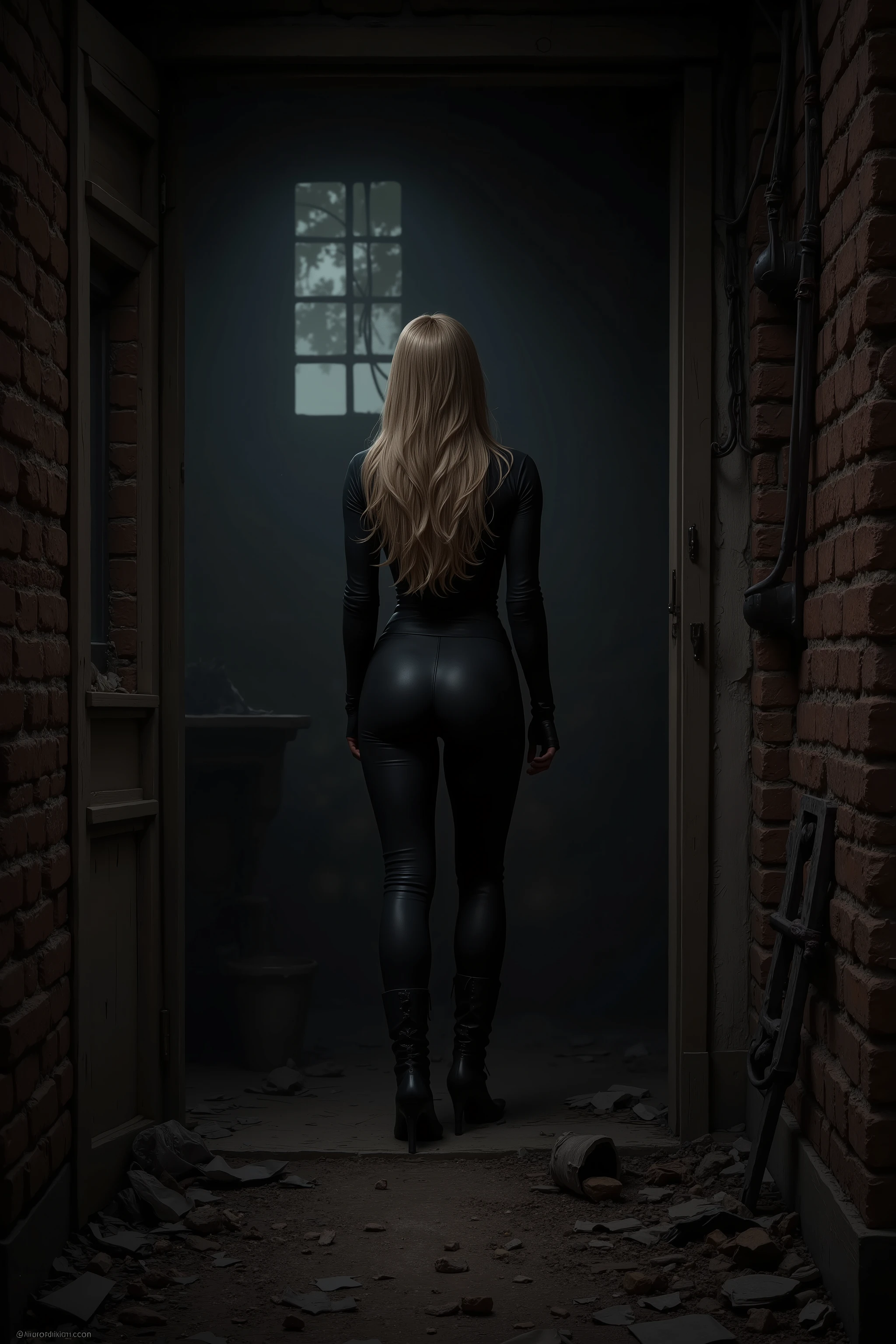 Full body Superheroine Black Window beautiful young sexy sensual long spiky blonde hair tall muscular body long shapely thighs black leather pants, black leather top black long leather boots sneaks into the dark dusty basement of an abandoned ruined house cinema style dull dark toned colors gloomy scary atmosphere elaborate small details photo realistic