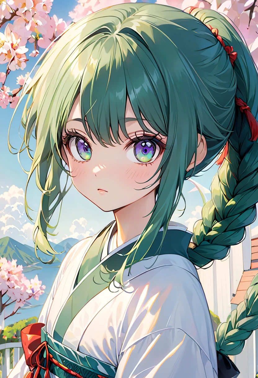 Mejiro,Thin eyelashes,Large eyes, make your eyes bigger, darker than your age, green hair,whole body, braids:short, Twin Tails,Maritsuki