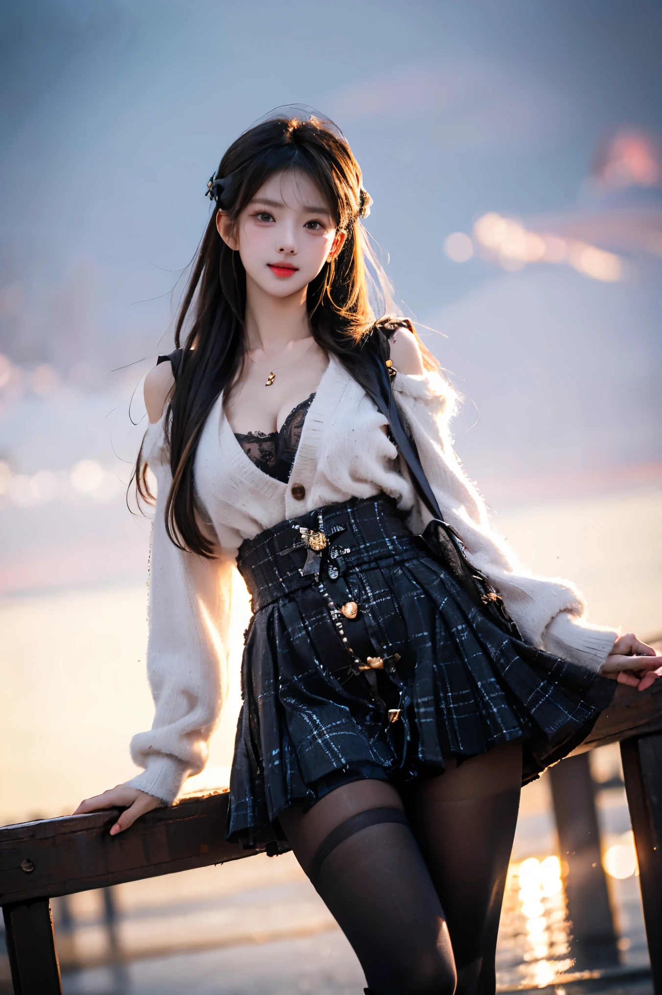 ((highest quality、8K、masterpiece:1.3))、standing、sharp focus:1.2、(realistic、Photoreal:1.37)、laughter、turn to the audience、put one's feet in front of the audience、beautiful face woman、28 years old、pointed chest、NSFW、long eyelashes、colored contact lenses、big 、Delicate、very fine eyes、highly detailed eyebrows、(sharp eyebrows)、(thin eyebrows).highly detailed face、(brunette tousled hair:1.3),Black Long Sleeve Knit Turtleneck、small necklace、((Fringed Pocket Tweed Mini Skirt))、((Thin and transparent pantyhose:1.4))、beautiful thighs、from below、detailed background(8K、masterpiece、highest quality、Raw photo)、Knee-high boots、Touching the thigh、raise one knee、A quiet residential area,(shining smile:1.5)