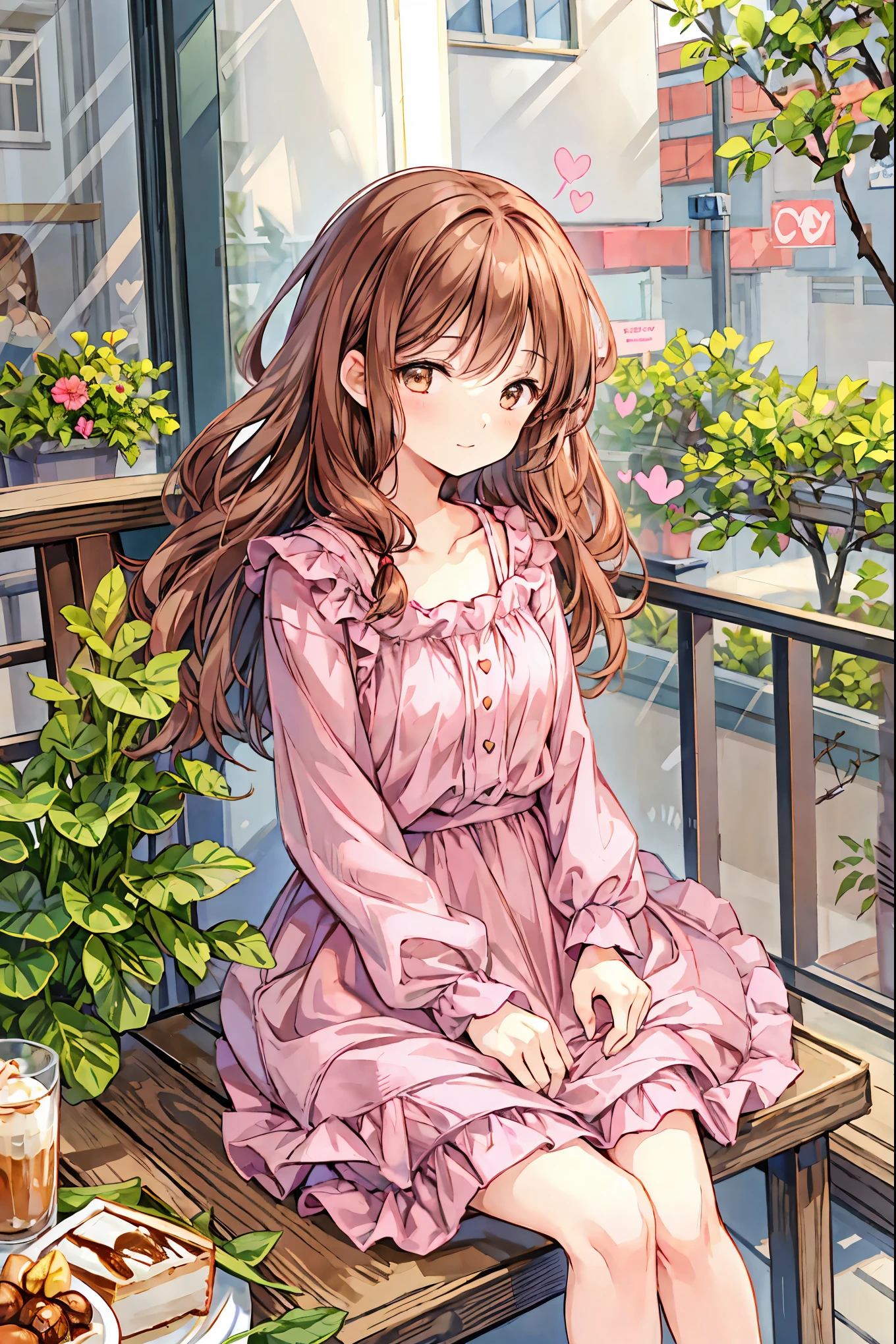  Beautiful Illustrations ,  best quality , cute girl, Cafe,  sitting , perfection,  cake, (Speak from the heart),  happy ,  close eyes,  casual clothes, clavicle,  long hair,  brown hair，(Speaking Heart),  happy ,   close eyes, 