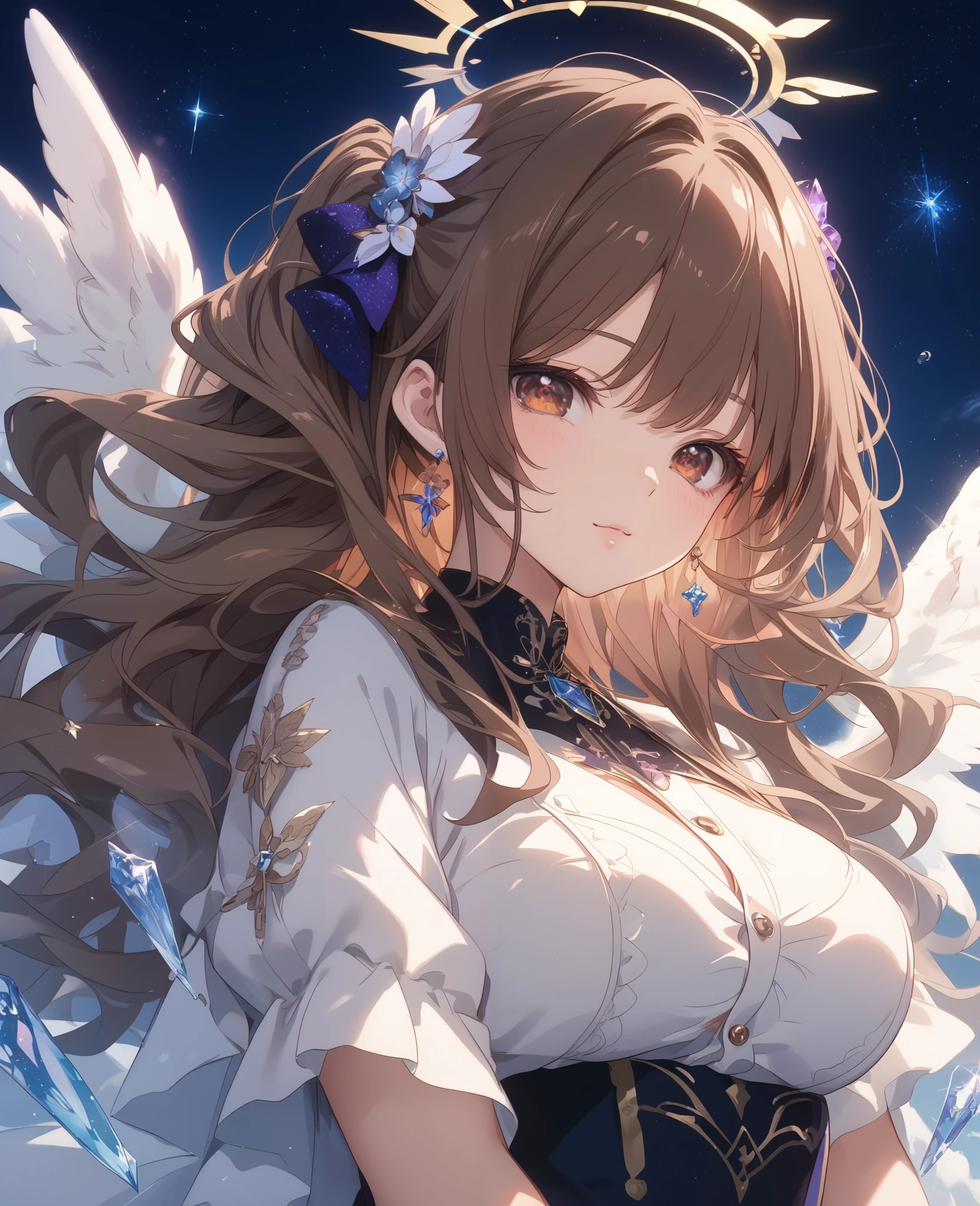 A beautiful face with a calm and elegant vibe , (( Big Breasted :1.2))) 、 The costume is a light purple blouse with several buttons 、Soft texture、An elegant and simple design, dress up in fantasy , casual jewelry, such as a delicate bracelet with a purple star charm、Delicate decoration、 The hairstyle is semi-long in brown 、 has large, fluffy waves 、 and 、The face looks soft, Brown hair with gradation , The hair should be soft and flowing waves、Natural luster 、 has a crystal indicator stick that shines in neon 、The background is a pale purple base color、 with stars and grains of light 、 4K resolution, 最 High Quality , In Front Of The Public , Masterpiece, Crystal red-brown eyes, Broken angel Halo, angel'4 wings、 High Quality ,