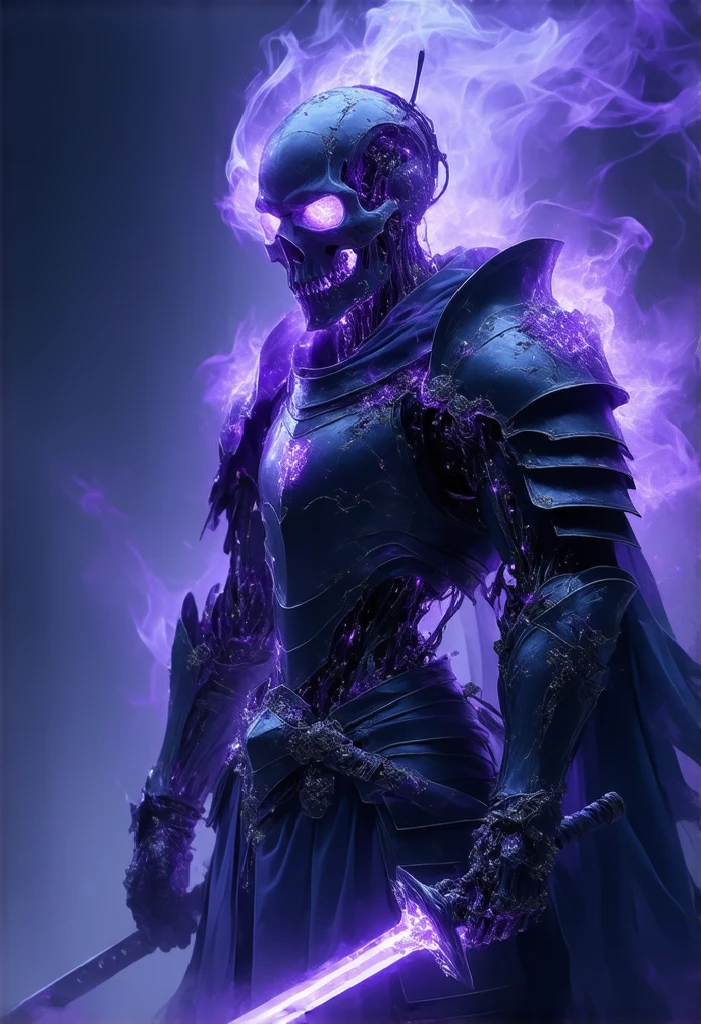solo, blue eyes, 1boy, upper body, male focus, skull, hood, mask, glowing, fire, black background, gauntlets, cloak, 1other, hood up,full body,walking,theme Skull detailed,2 legs,legs detailed,2 hands detailed,red eyes light, holding head skull