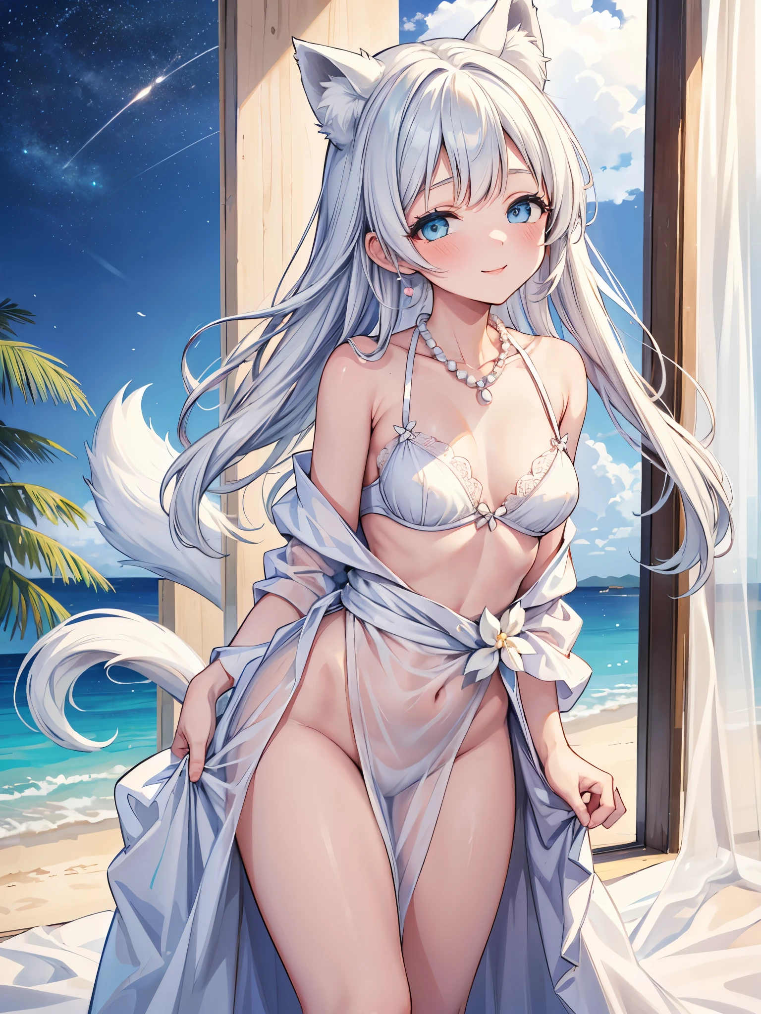 highest quality、masterpiece、Fantastic moon and clouds background、White-haired shrine maiden with a white tiger、small breasts、thin and beautiful legs、blue eyes、long hair in twintails、white bikini swimsuit、Bend your knees and spread your legs in an M-shape