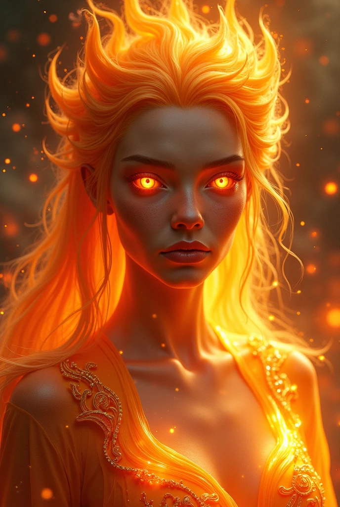Il s'agit d'une œuvre d'art fantastique et réaliste mettant en évidence des feux réalistes., y compris des volutes de flammes, des braises brûlantes et incandescentes, de subtiles volutes de fumée, et un magnifique druide de feu. Le druide se tient au milieu d'un enfer brûlant avec une composition intéressante. Son face is expertly sculpted, avec des traits élégants et raffinés et un ombrage parfait et une texture de peau réaliste. Son (orange and gold eyes) sont magnifiques et constituent le point focal de cette image. (Son eyes extremely detailed, beaux yeux détaillés, et macro). Son eyes feature intricate detailing with clearly defined irises and bright sclera. Son soft lips are smooth and very puffy, et sa peau est ornée d'une légère rougeur et de détails de feu ornés. Son long gown is stunning and expensive, et est faite de flammes pures et scintillantes, ornements de bijoux qui brillent à la lumière du feu. Son billowing gown glitters from the flames and features a delicately and intricately embroidered bodice with wisps of flames running across it. Inclure des éléments fantastiques comme des bosses, pierres, iridescence ardente, braises rougeoyantes, soie, Et un arrière-plan intéressant. Inclure des créatures magiques de feu telles que des oiseaux de feu et des papillons de feu qui dégagent une aura magique et mystique. éclairage: Utiliser les dernières tendances en matière d'éclairage pour améliorer la beauté de l'œuvre d'art. caméra: Utilisez la composition dynamique pour créer un sentiment d'urgence et d'excitation. S'inspirer des maîtres actuels du genre fantastique, y compris les artistes tendance sur Artstation et Midjourney. ((chef-d'œuvre))