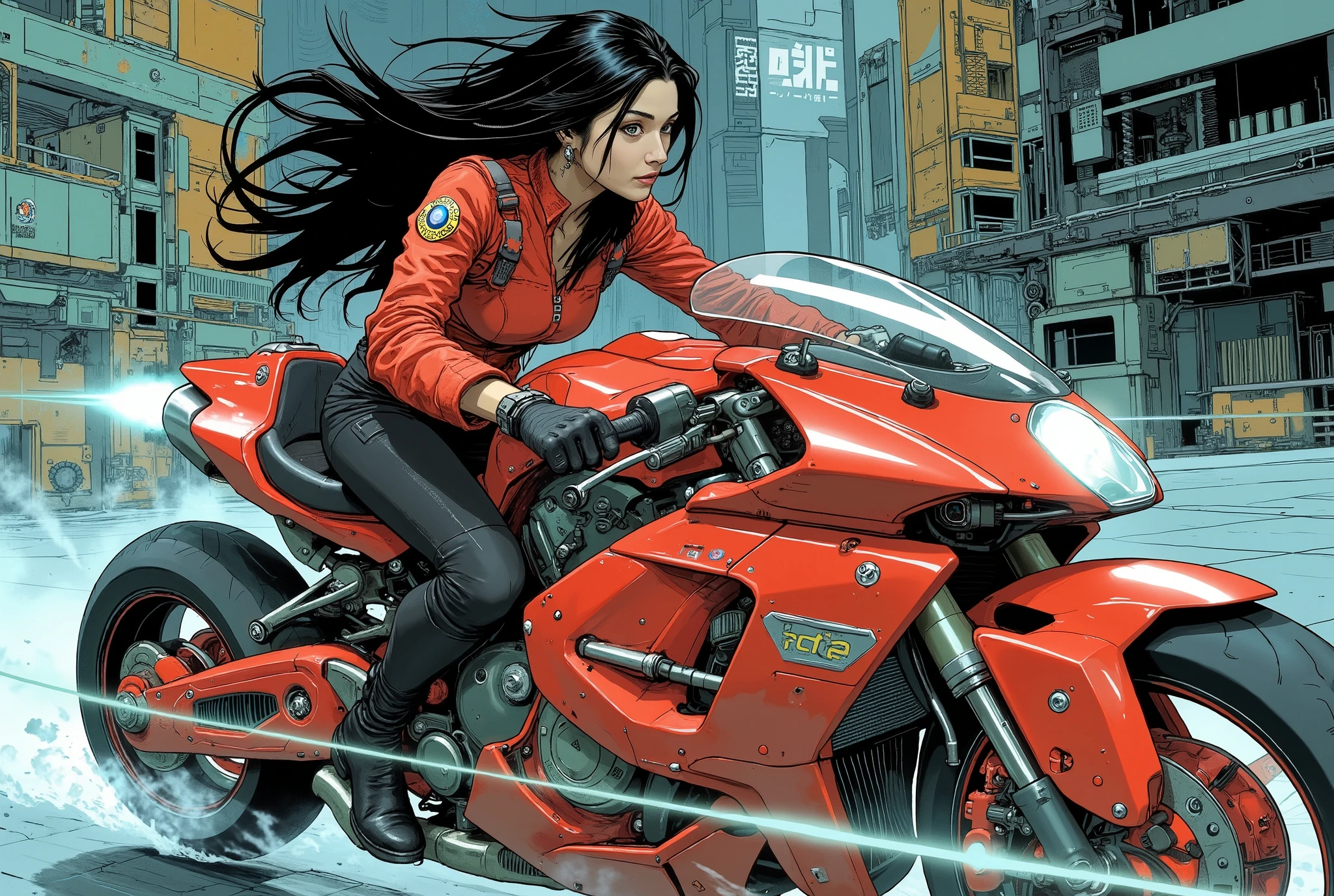 Masterpiece, excellent quality,Milonish, Cinematic experience , very detailed, best illustration, Ultra-Fine,16k, wallpaper, female 1 , cyberpunk , android woman riding a red motorcycle, beautiful faces, beautiful eyes, detailed facial description , hair ,Serious, sexy, hair , dynamic angle ,The background is cyberspace