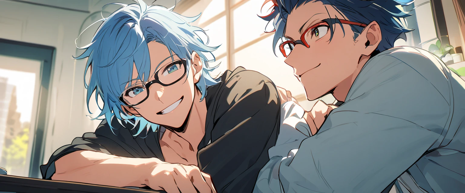  male student、One person、Bedhead、 Light Blue Hair、smile、 HD、Glasses