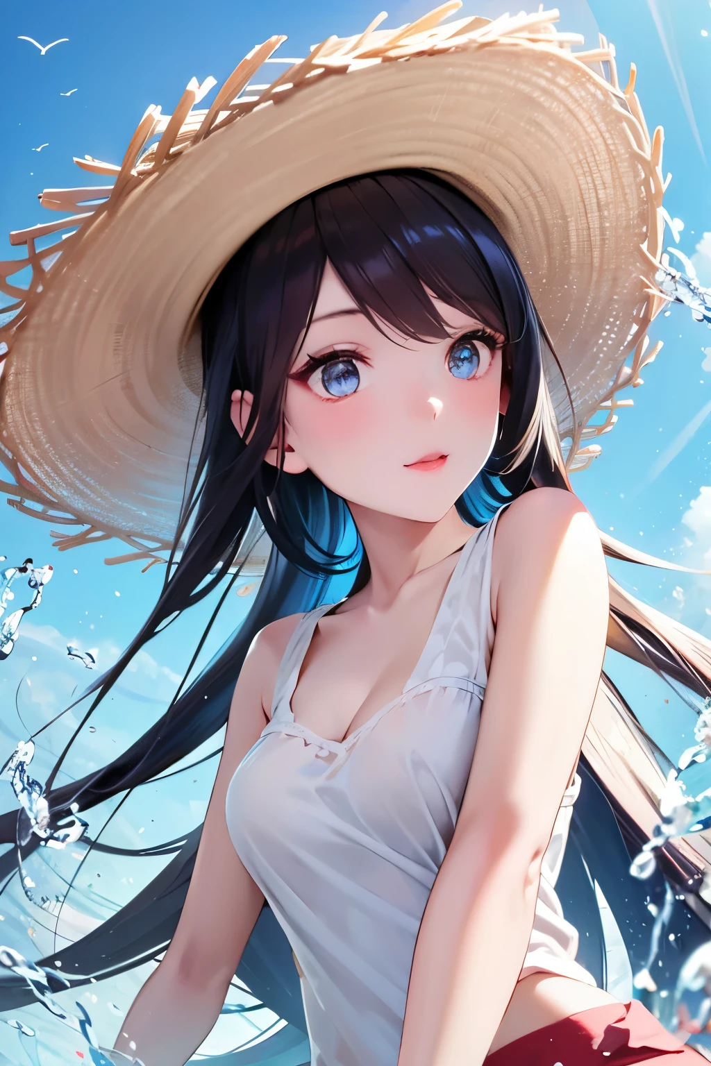 transparent bright photo ,
colorful mirroring ,
Fantastically beautiful ,blue sky,
Wear a straw hat,Floral flying ,
Close up of transparent umbrella under blue sky looking at girl's side ,
Bright light soft light ,
Future flying with blurred water light ,