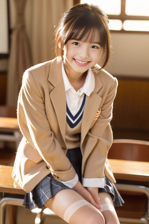 (((​masterpiece))),  (One beautiful Japan girl, classmates, Innocence，kawaii) ，超A high resolution, Realistic, ultra-detailliert, 8K,top-quality, Extremely detailed, Detailed background,A slender,very beautiful japanese girl, Detailed face:1.3), (a short bob，A dark-haired :1.4), (a baby face，kawaii系,adorable 14 year old girl), (Perfect body:1.1),  (Brown blazer, Light brown pleated mini skirt), smiling mischievously,Show your beautiful teeth,Super Detailed Face、Detailed lips、A detailed eye、Petite gravure idol，Transparent skin、Lori，Japanese high school uniform with the school emblem on the chest，high-definition RAW color photography, professional photograpy, Extremely detailed,, amazing, finely detail, extremely detailed fingers, highly detailed nose, highly detail mouth,  (bed), ((Full body shot)), Sitting on the bed，Focus on the buttocks，Perfect Anatomy, Photorealsitic,Photography, Perfect Skin, Warm air，(beautiful thigh，Perfect feet with no discomfort)，Expectations and anxieties，sitting in the gym holding my legs，sexy  pose,Gorgeous hotel rooms，电影灯光