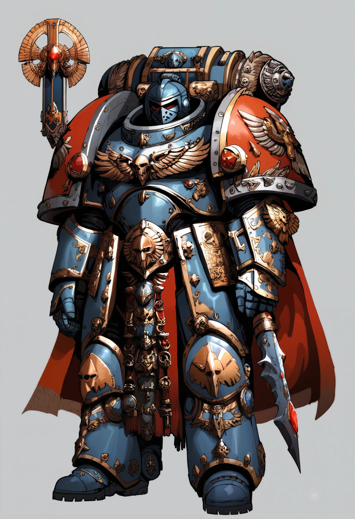Anime, Concept art, Absurd resolution, high resolution, (masterpiece: 1.4), hyper-detail, warhammer 40k terminator armor, Juggernaut armor, heavy armor, knight, full body, glowing weapon, cloak, armor, red trimings, edgy, grimdark, octosoup, 1man, bulky, buff, red plume, loin cloth, primaris helmet, reference sheet, iron halo, SpaceW40k, full shot, Holding_Halberd_V1, front view: 1.2,