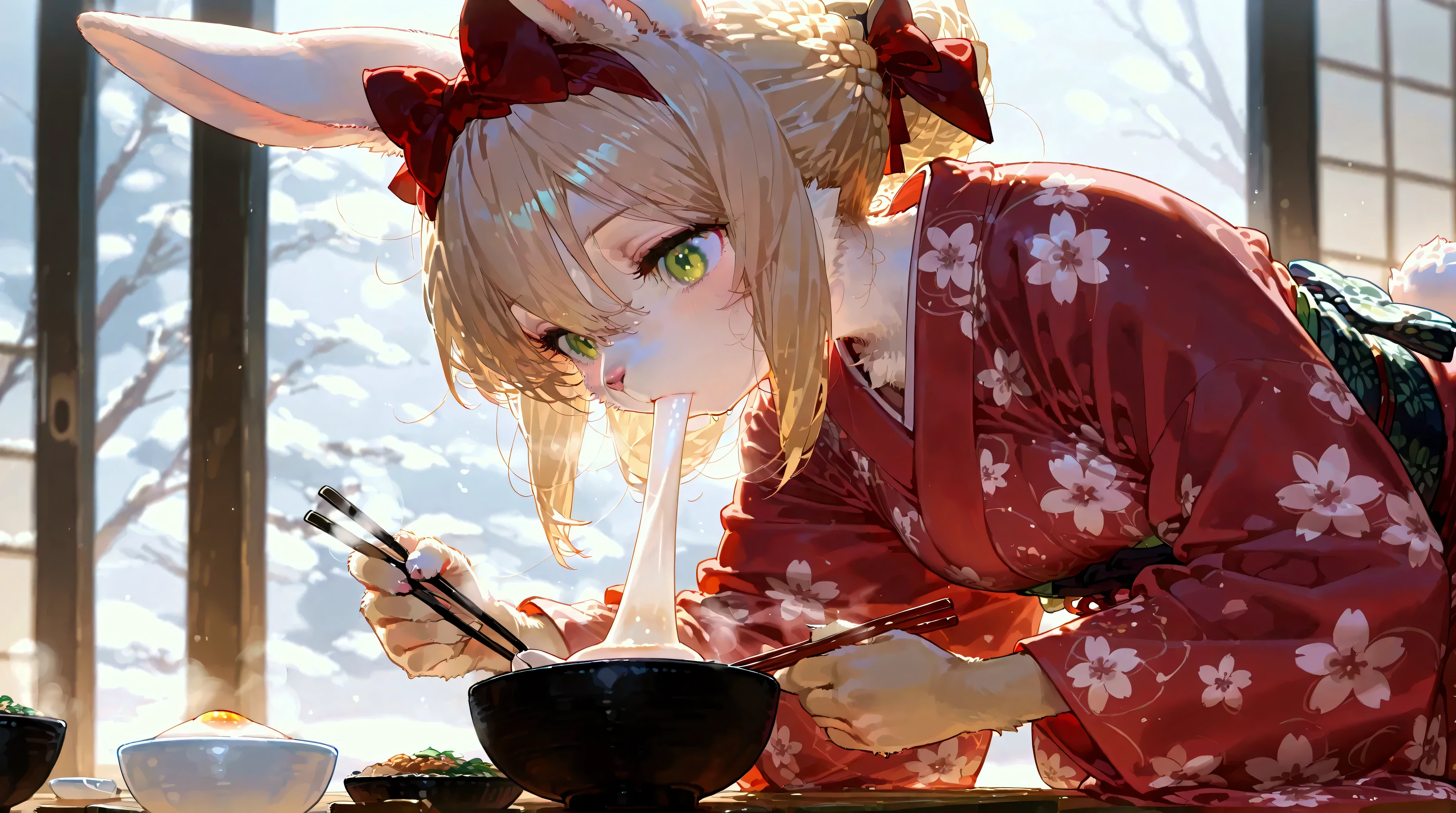 1 GIRL, ( furry , kemono :1.4), rabbit girl , animal nose , rabbit ear , Rabbit tail, Blonde, green eyes, stupid hair, chopsticks, , hair absorption , hair between your eyes, hair bang, single hair bang, braided , chest, kimono, kimono, wide sleeve, hair ribbon, long sleeve , Floral, staring at the viewer , Food, eats, Mochi, bowl, bow, Alone, holding, upper body, red kimono, red ribbon, Mochi trail, holding chopsticks