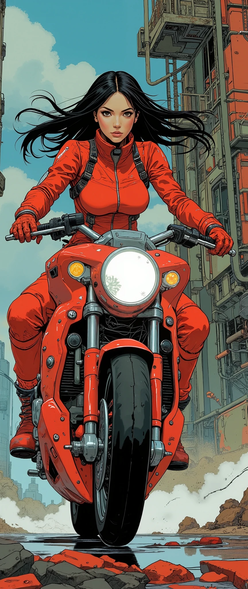 Masterpiece, excellent quality,Milonish, Cinematic experience , very detailed, best illustration, Ultra-Fine,16k, wallpaper, female 1 , cyberpunk , android woman riding a red motorcycle, beautiful faces, beautiful eyes, detailed facial description , hair ,Serious, sexy, hair , dynamic angle ,The background is cyberspace