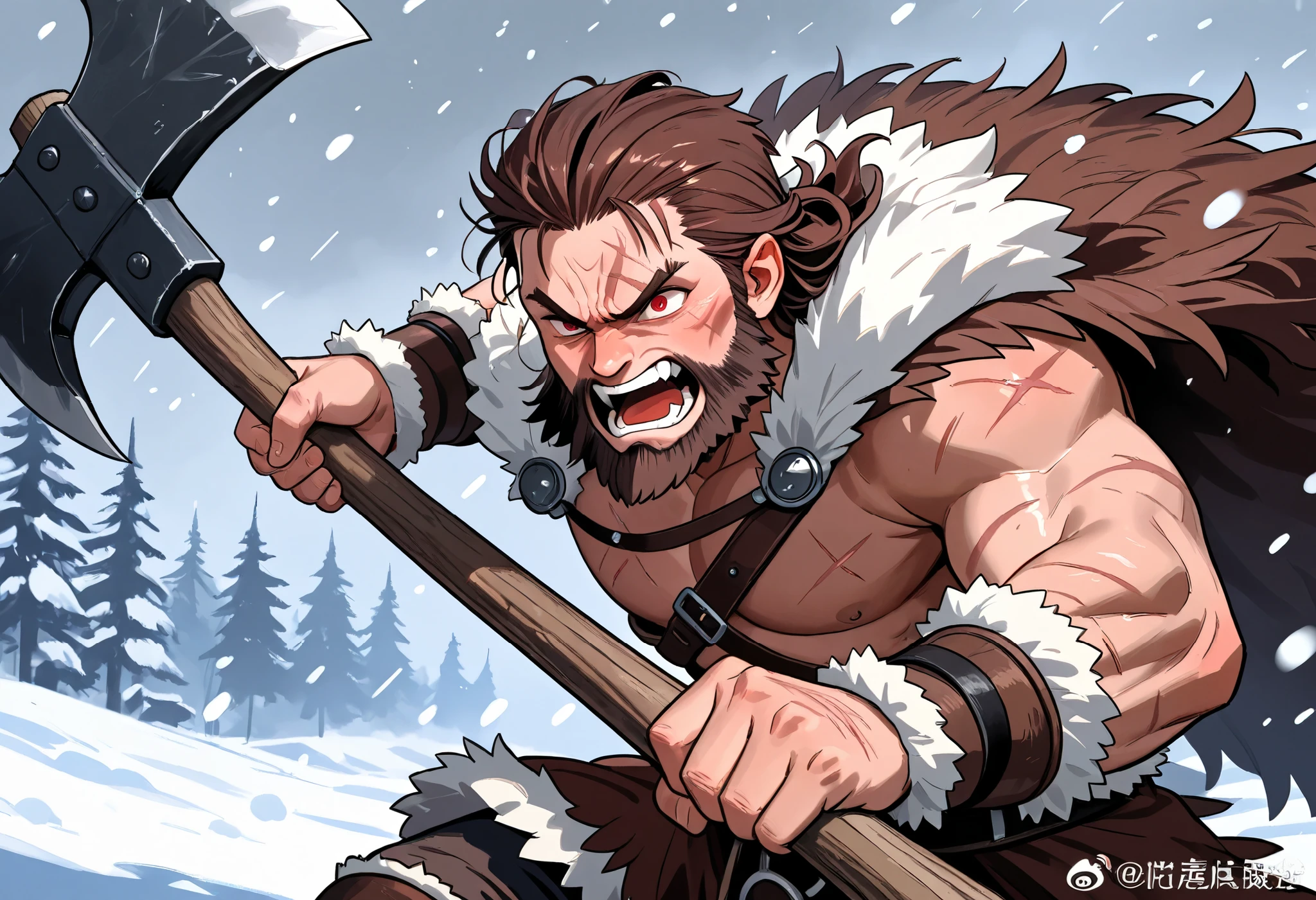 Barbarian, angry, snowing, fur cape, viking, brown hair, red eyes, holding axe, mature male, bear cape, scars, beard, dynamic pose