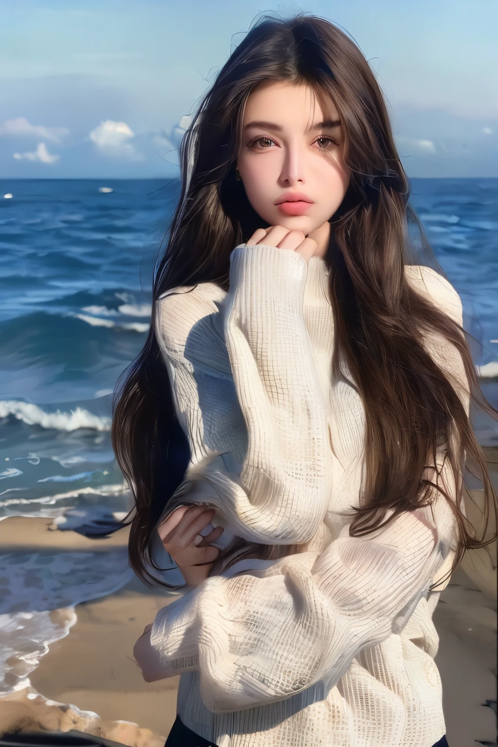 (masterpiece:1.2), best quality, high resolution, unity 8k wallpaper, (illustration:1.0), beautiful detailed eyes:, extremely detailed face, perfect lighting, extremely detailed CG,
1girl, black_eyes, black_hair, blue_background, blue_sky, brown_eyes, brown_hair, day, holding, lips, long_hair, looking_at_viewer, nose, ocean, outdoors, photorealistic, realistic, red_lips, sky, solo, upper_body, long_sleeves, sweater, sleeves_past_wrists, wind, white_sweaterl