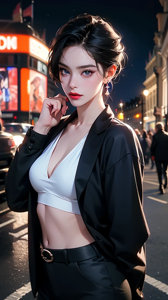 Very detailed CG unity 8k wallpaper，（tmasterpiece），（best qualtiy），（ultra - detailed），（Ultra photo realsisim），（best character detail：1.36），Nikon D750 f / 1.4 55mm，dynamic angle，profesional lighting，photon maping，Radio City, physically-based renderingt, exteriors, busy street, looking at viewert, Be red in the face, 1girl, a matural female, A MILF, Tall body, the golden ratio,(Kpop idol),(Oil skin:1.2),(Oil skin:1.1), makeup,[:(high detailed face:1.2):0.2]:,PureErosFace_v1, ((Curly gray hair and sophisticated style)),(aegyo sal:1),(puffy eye),(eyeslashes:1.1), (cparted lips:1.1),red lipsticks,broad shoulder,(middlebreast:1.1),(cleavage:1.1),beast ear,(big assa:1.2),upper legs,Silk coat,song dynasty,song dynasty,Song costume，Bare chest