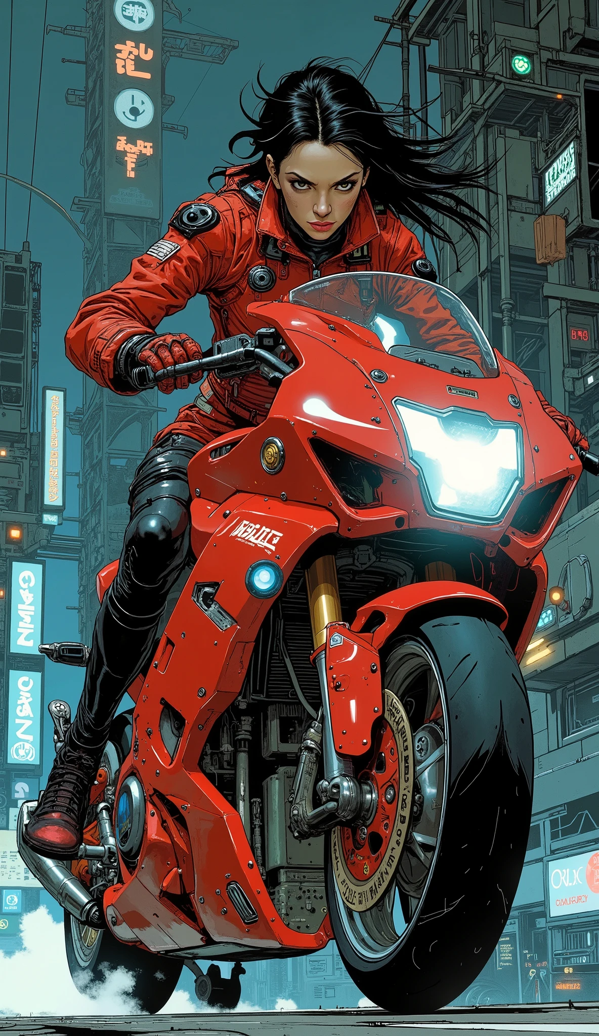 Masterpiece, excellent quality,Milonish, Cinematic experience , very detailed, best illustration, Ultra-Fine,16k, wallpaper, female 1 , cyberpunk , android woman riding a red motorcycle, beautiful faces, beautiful eyes, detailed facial description , hair ,Serious, sexy, hair , dynamic angle ,The background is cyberspace