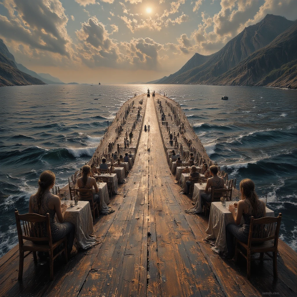  high definition image 8k of a beach,  sea a huge long deck entering the sea , At the end of the deck chairs tables  , people sitting on the chairs at the end of the deck , Women, Women andando sobre o deck , Women , sunlight, solar lighting, In the background on the horizons boats  , boats