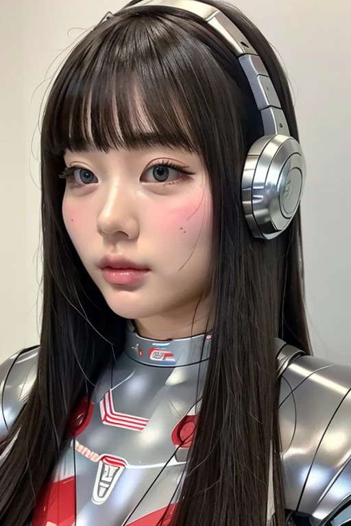 masterpiece, best quality, extremely detailed,portrait,front view,Japaese android girl,Plump, control panels,android,Droid,Mechanical Hand, Robot arms and legs,Blunt bangs,long tube,thick cable connected her neck