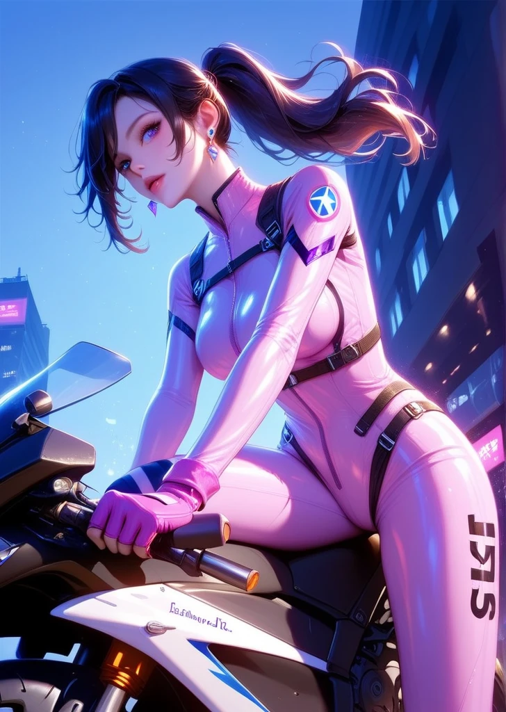 (top quality,8k wallpaper, masterpiece,best quality, high_resolution, ultra details, extreme quality, sharp focus, bright, vivid colors) (cinematic lighting, sunlight, volumetric),
corneo_dva, riding a motorcycle, flushed, looking at viewer, coy smile, bright shining eyes, dynamic shot, acceleration, iconic, from behind