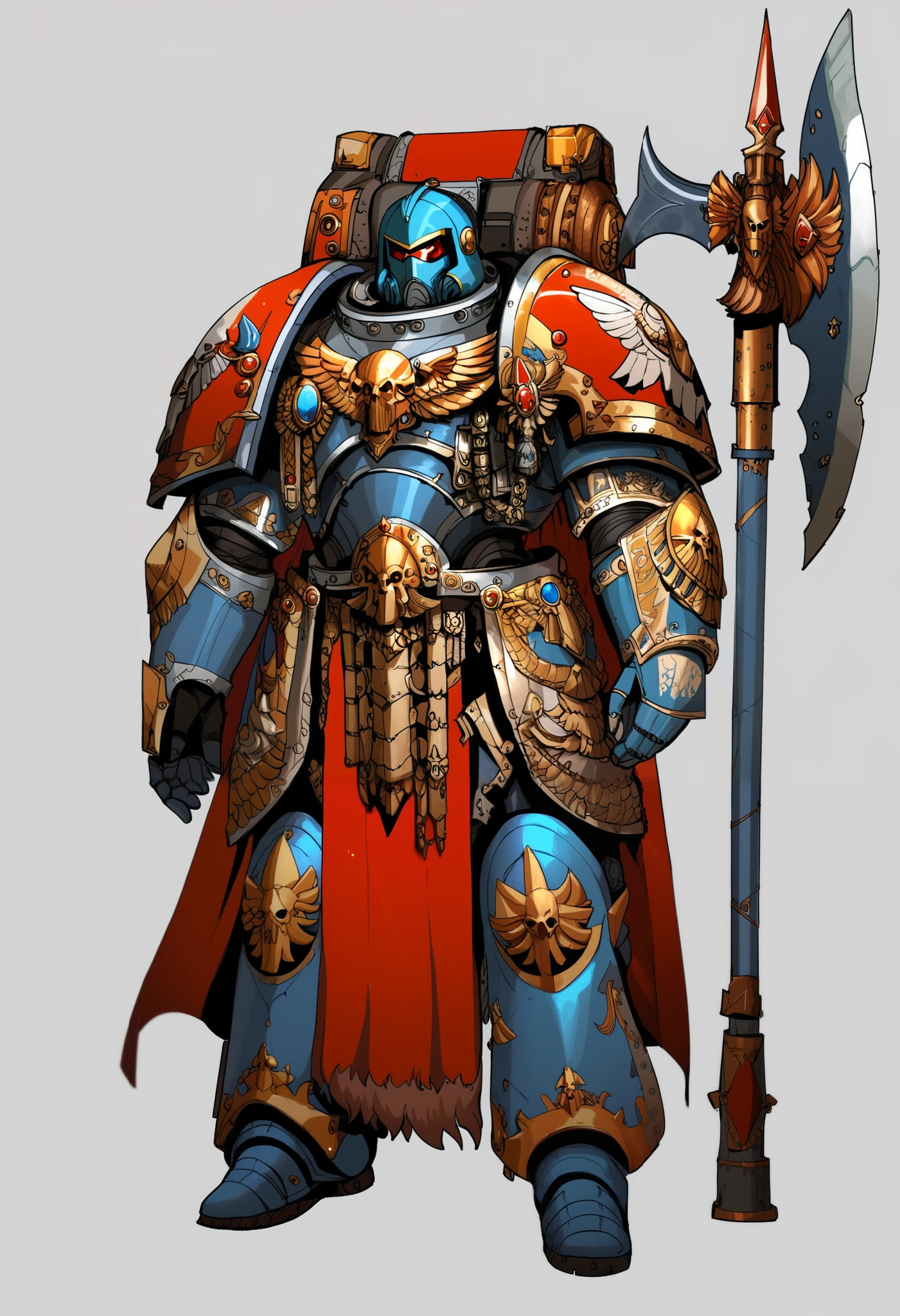 Anime, Concept art, Absurd resolution, high resolution, (masterpiece: 1.4), hyper-detail, warhammer 40k terminator armor, Juggernaut armor, heavy armor, knight, full body, glowing weapon, cloak, armor, red trimings, edgy, grimdark, octosoup, 1man, bulky, buff, red plume, loin cloth, primaris helmet, reference sheet, iron halo, SpaceW40k, full shot, Holding_Halberd_V1, hood,