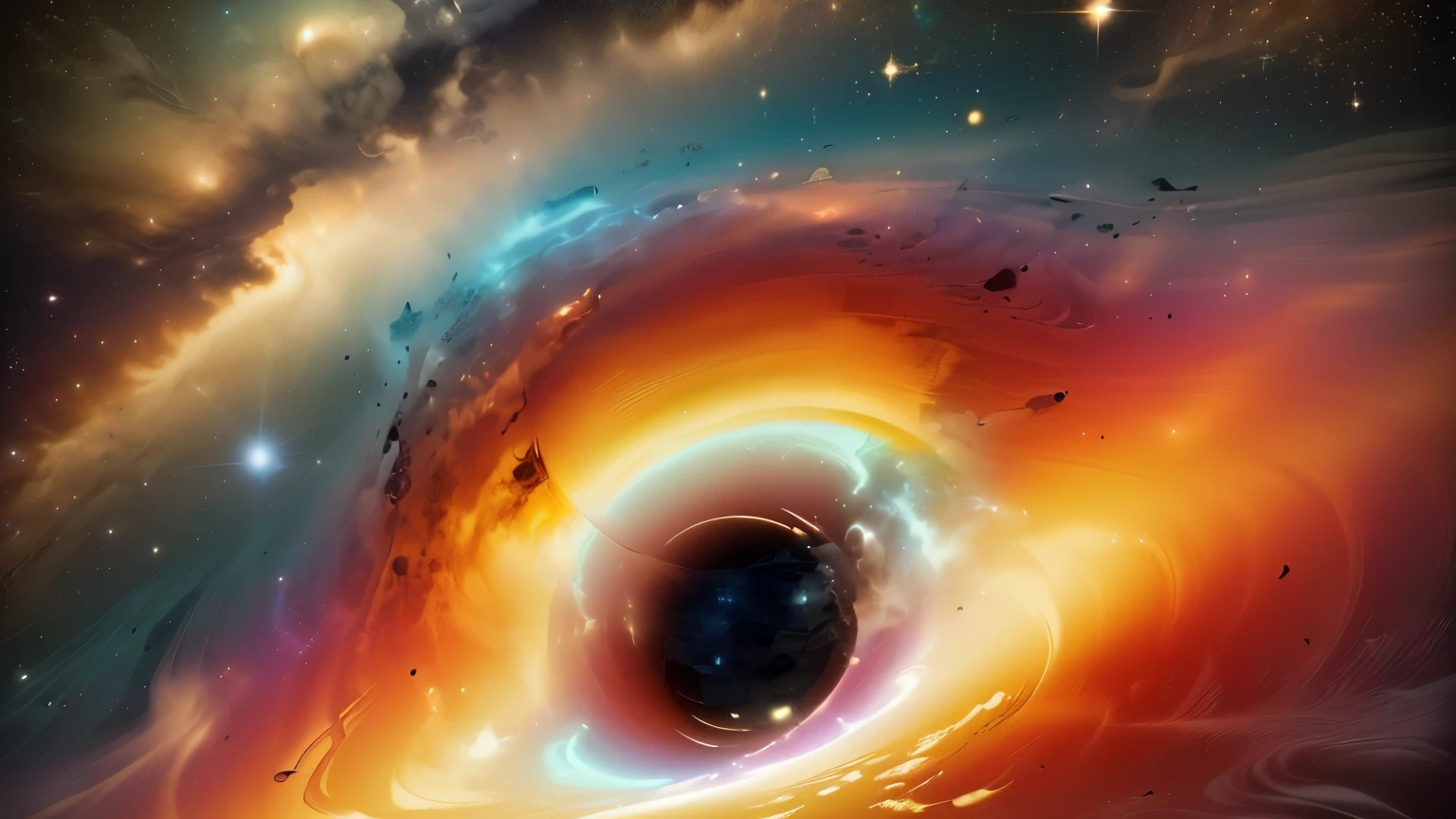 a close up of a black hole in the center of a galaxy, coming out of a black hole, black hole time portal, inside of a black hole, black holeへの旅, black holeに吸い込まれている, black hole in space, luminous black hole portal, black hole event horizon, black hole, black hole with accretion disс, black holes中央には星間映画の巨大な black hole, Super High Definition, high definition , High Quality , plasma clouds 、gravitational radiation 、 swirling chaotic light 、 emitting huge jets of plasma vertically from the center、Spacetime is distorted and images look distorted、 gradients with unclear outlines 、