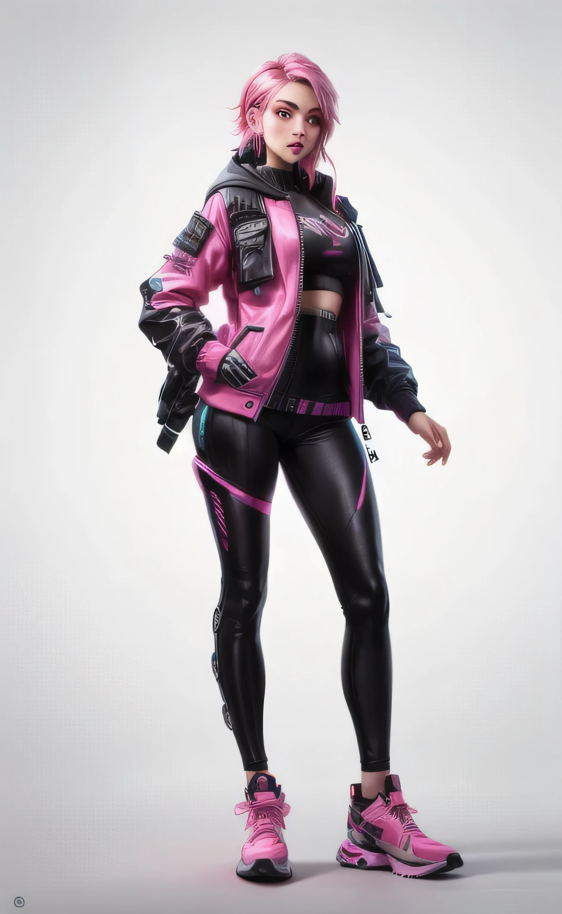 arafed woman in a pink and black jacket and leggings, pink and black, photograph of a techwear woman, cyberpunk outfit, cyberpunk style outfit, cyber future jacket, wearing cyberpunk 2 0 7 7 jacket, neon pink and black color scheme, mechanic punk outfit, cyberpunk fashion clothes, pink iconic character, cyberpunk fashion clothing, cyberpunk outfits