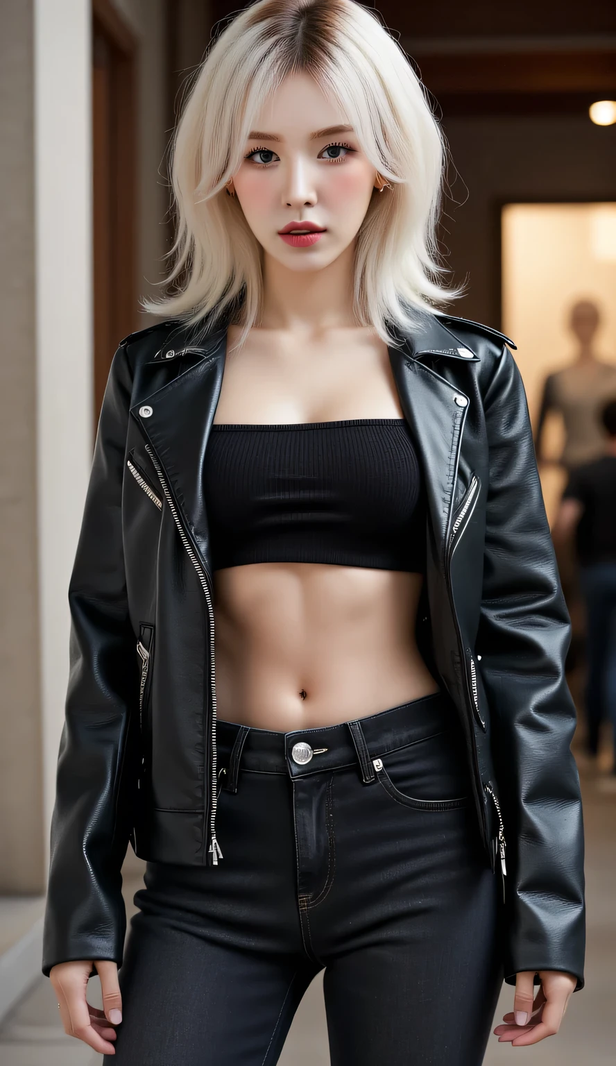 A 20-year-old woman , standing facing forward, whole body visible, thick dark red lips , using unbuttoned leather jacket, underwearless, black denim pants , sweating a lot, very detailed image quality , long hair of white color