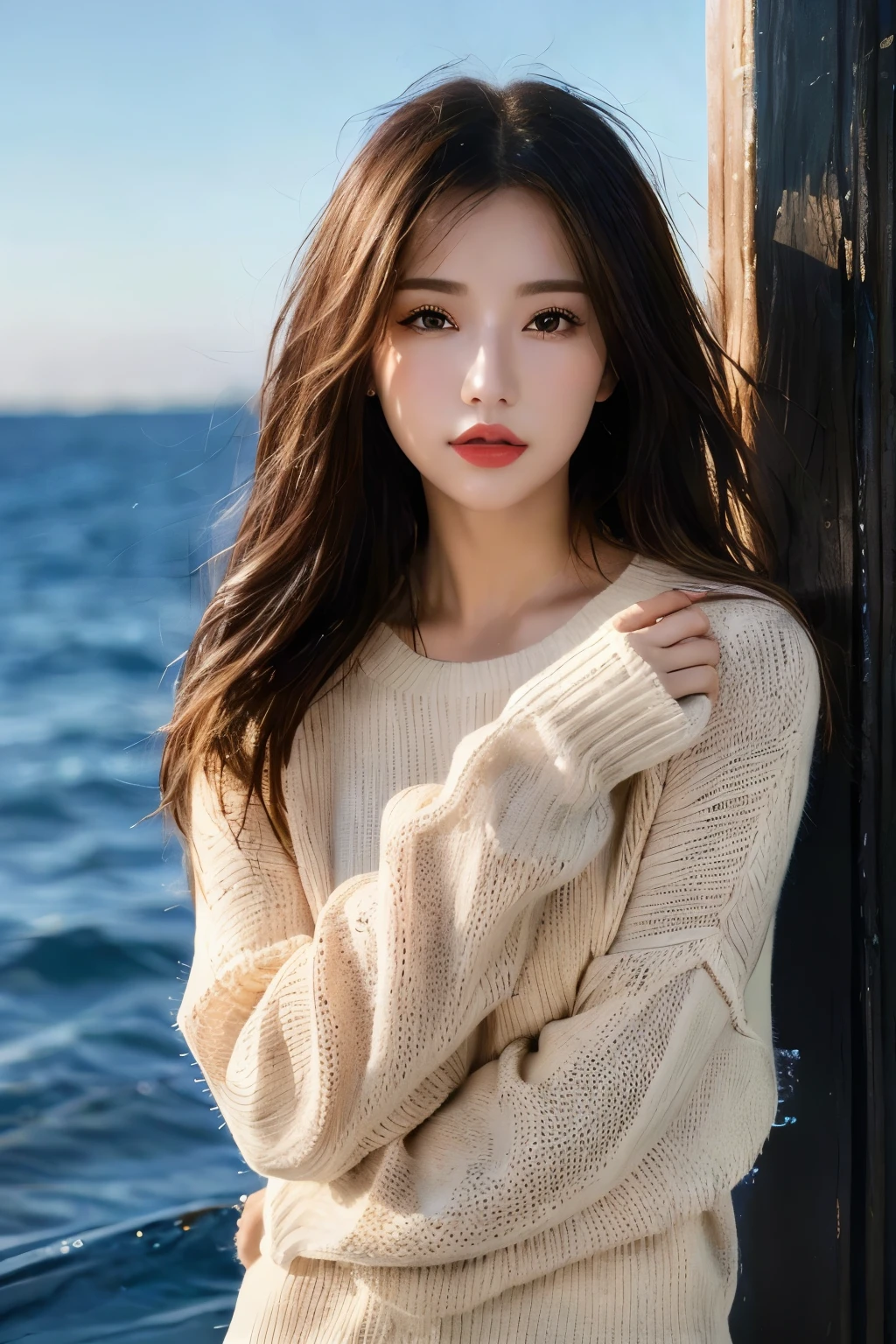 (masterpiece:1.2), best quality, high resolution, unity 8k wallpaper, (illustration:1.0), beautiful detailed eyes:, extremely detailed face, perfect lighting, extremely detailed CG,
1girl, black_eyes, black_hair, blue_background, blue_sky, brown_eyes, brown_hair, day, holding, lips, long_hair, looking_at_viewer, nose, ocean, outdoors, photorealistic, realistic, red_lips, sky, solo, upper_body, long_sleeves, sweater, sleeves_past_wrists, wind, white_sweater