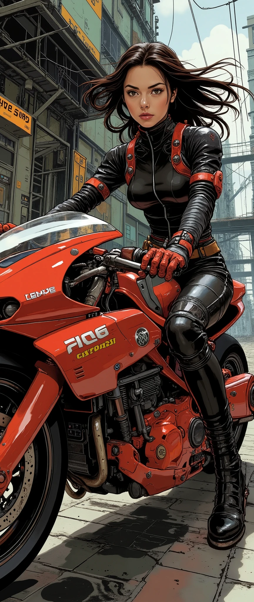 Masterpiece, excellent quality,Milonish, Cinematic experience , very detailed, best illustration, Ultra-Fine,16k, wallpaper, female 1 , cyberpunk , android woman riding a red motorcycle, beautiful faces, beautiful eyes, detailed facial description , hair ,Serious, sexy, hair , dynamic angle ,The background is cyberspace