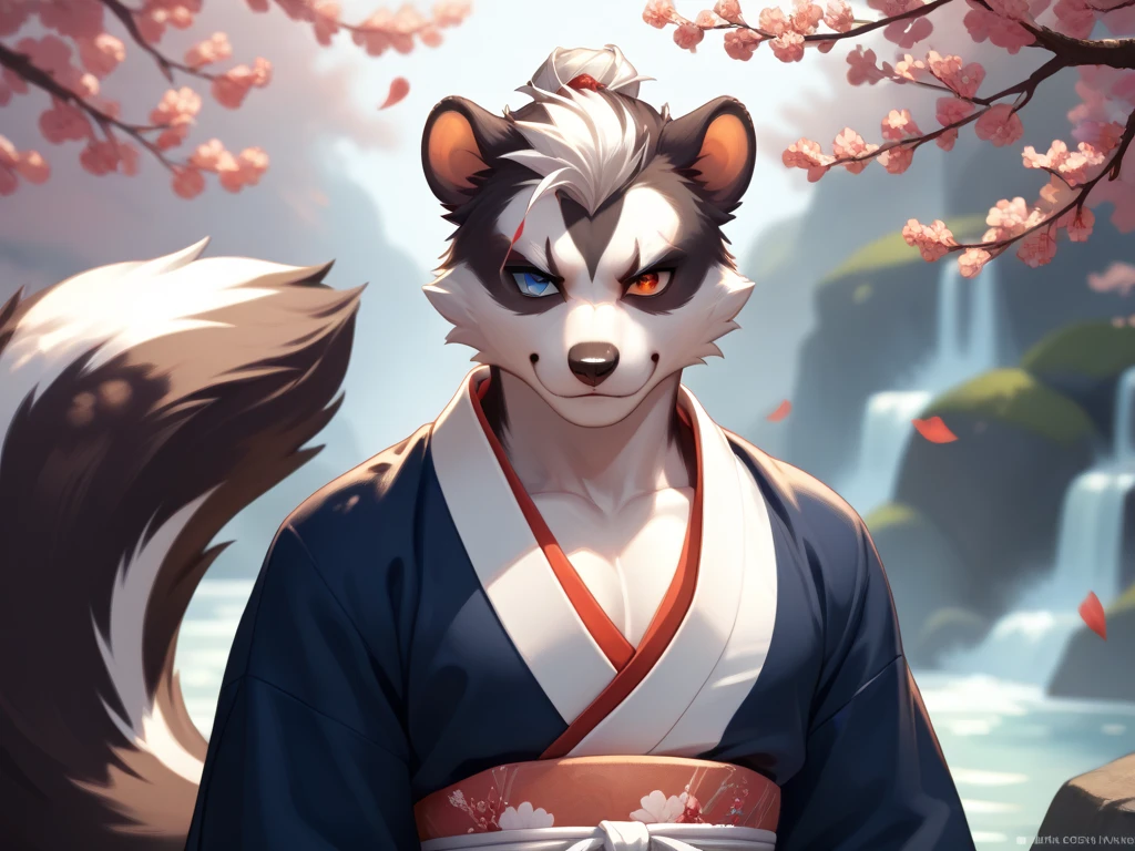 Furry man skunk silver fur scar on his eye heterochromia or eye of a different color wounds on his face archer bow and arrow Yukata or Japanese kimono 