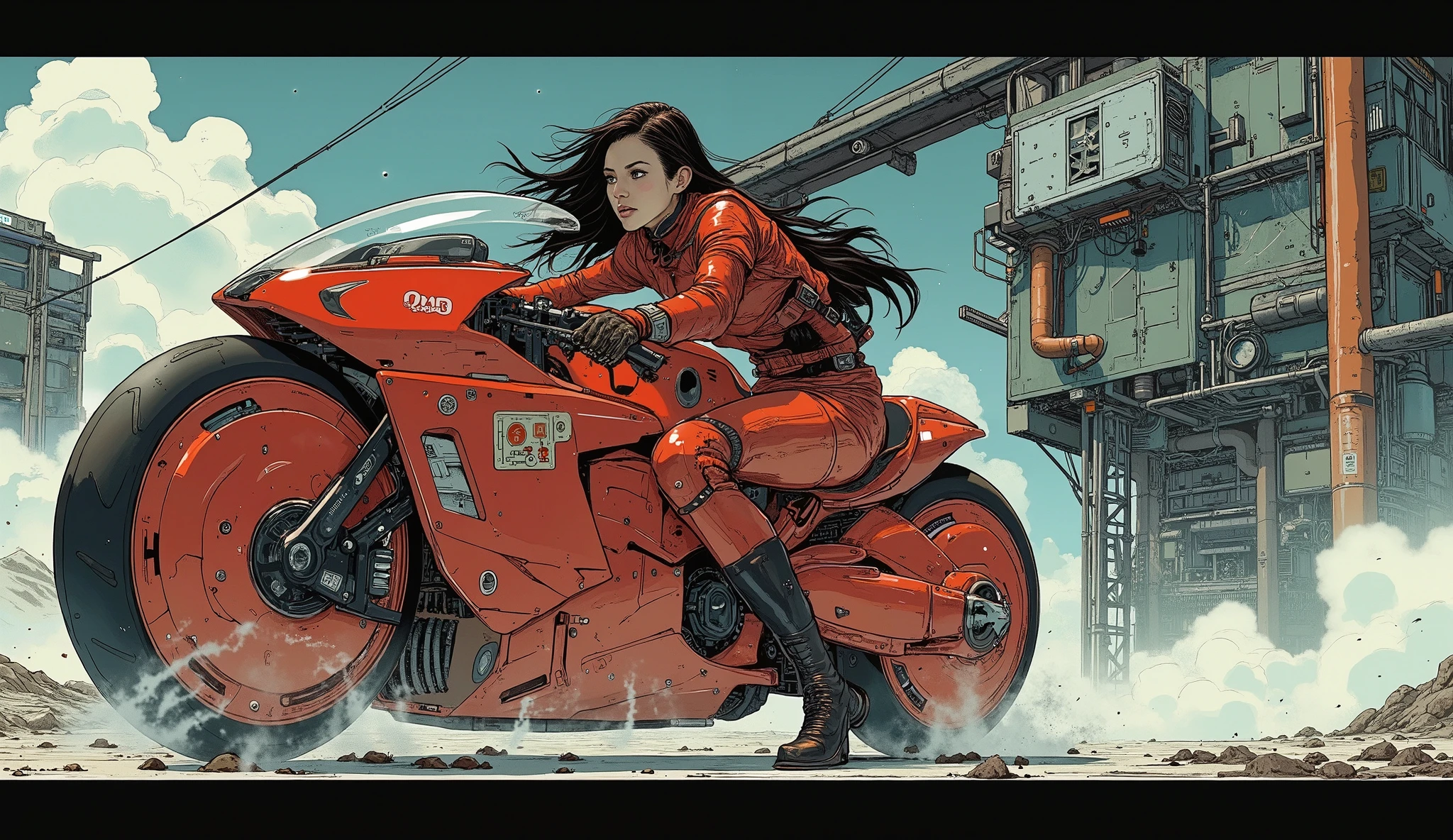 Masterpiece, excellent quality,Milonish, Cinematic experience , very detailed, best illustration, Ultra-Fine,16k, wallpaper, female 1 , cyberpunk , android woman riding a red motorcycle, beautiful faces, beautiful eyes, detailed facial description , hair ,Serious, sexy, hair , dynamic angle ,The background is cyberspace
