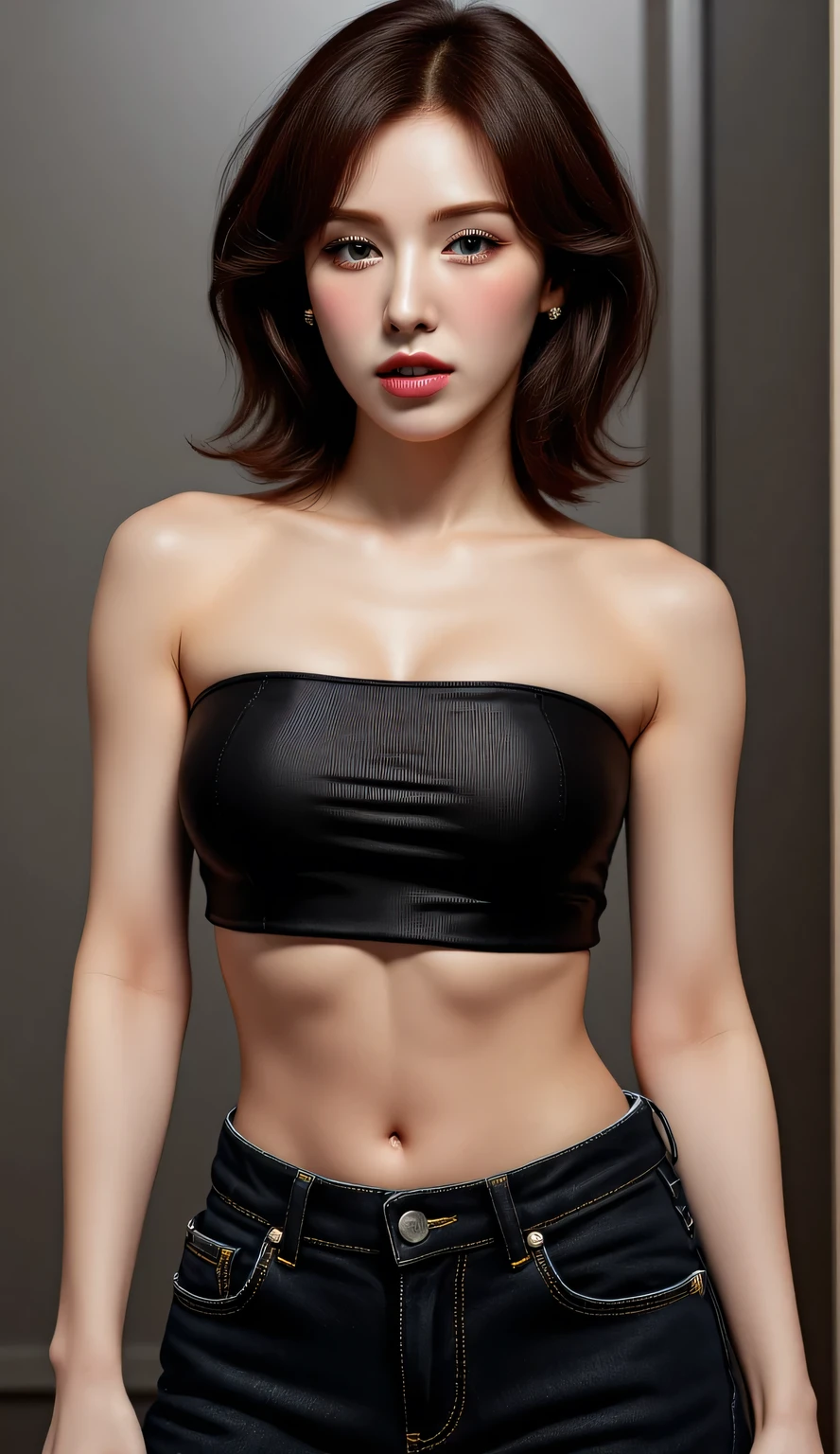 A 20-year-old woman , standing facing forward, whole body visible, thick dark red lips , uses black strapless bikini top, black arna denim pants , sweating a lot, very detailed image quality