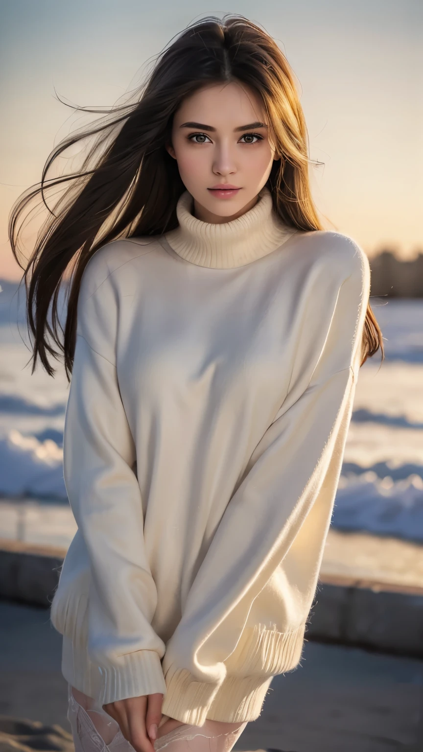 ((masterpiece, 32K,8k,wallpaper, high resolution, h,RAW photos,)),(realistically:1.5),(light),(Detailed fingers),(high detail skin:1.beautiful eyes),1 Girl,alone,center， Winters, Yuki, Fur collar windbreaker, turtleneck sweater, Minkitz, lace up pantyhose,(huge snatch),twilight，Cloud，Wind，hair flying，