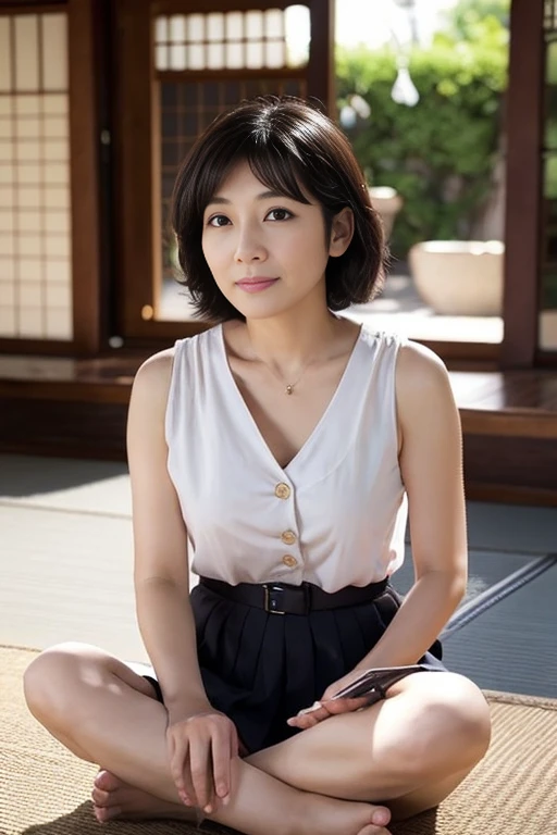 (8K, Highest quality, masterpiece: 1.2), Japanese女性, Very detailed, Highest quality, Ultra-high resolution, Professional Lighting, Photon Mapping, Radio City, Physically Based Rendering, Cinema Lighting, Written boundary depth, I focus, Light of the sun, Good composition, (Bokeh: 1.2), 1 female, (whole body), Bright smile, Beautiful Eyes, stop temporarily, narrow, Brown Hair, short hair,green, Sitting on a park bench, garden,Japanese,Mature Woman,D cup breasts,Accentuate your breasts