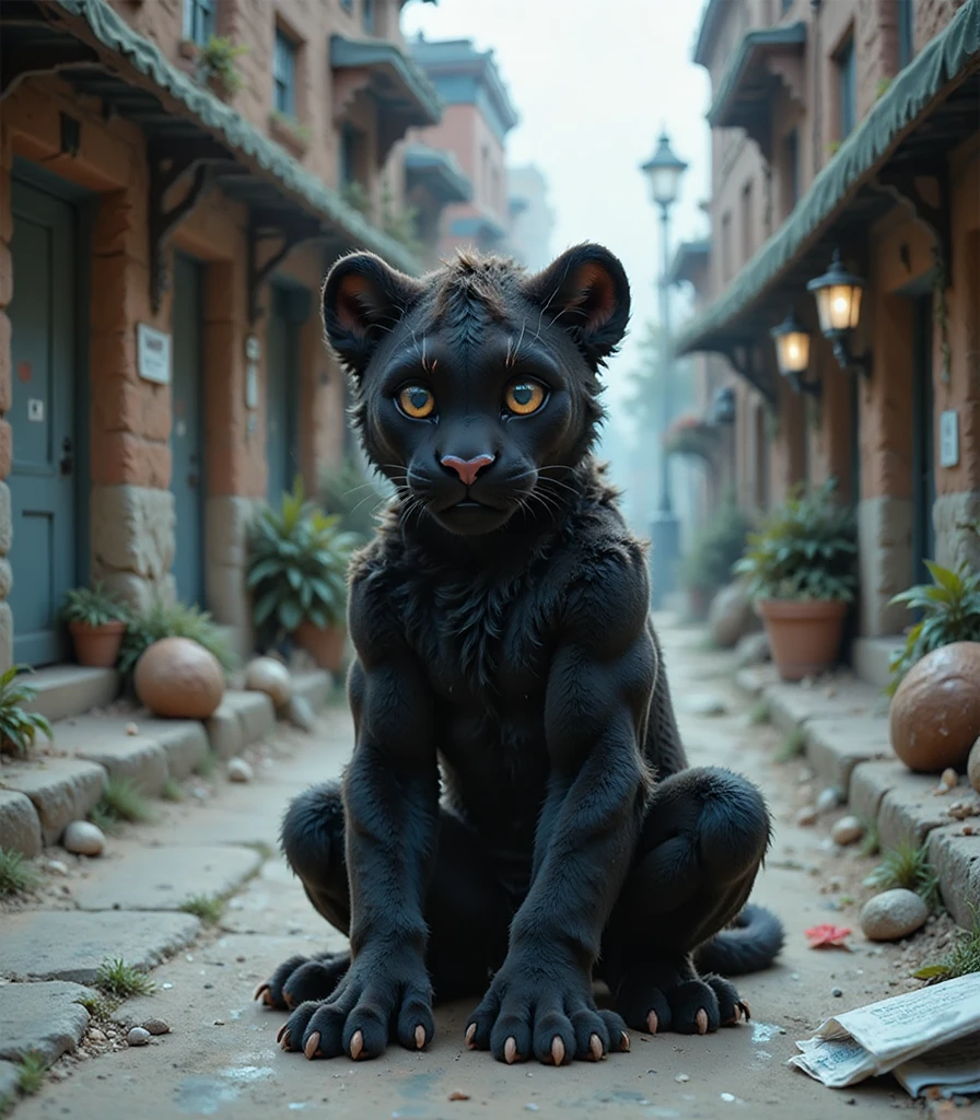 a surrealistic photograph of an anthropomorphic baby black panther, abandoned on a street, looking sad and lonely. The image should be wide and open, with detailed background elements.
