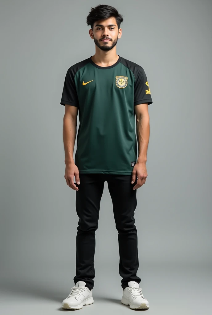 (photorealism) 16 year old Indonesian male ,haircut (short slicked back),Thin and short body (short) ,wearing a black jersey with a gold combination and soccer shoes on the field