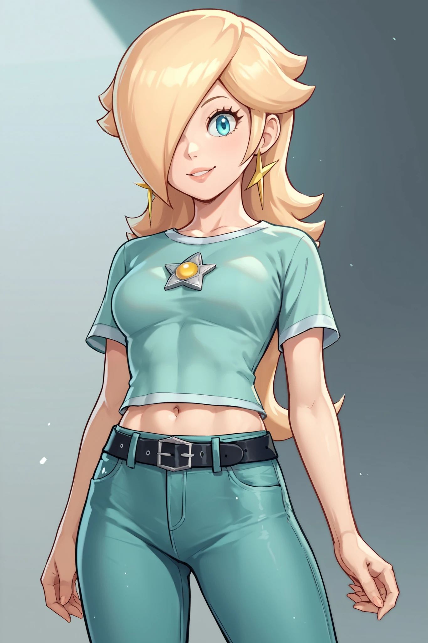 score_9, score_8_up, score_7_up, source_anime, rosalina, blonde hair, blue eyes, hair over one eye, long hair, star earrings, solo, cowboy shot, black t-shirt, taut clothes, tight shirt, midriff, navel, jeans, black belt, smile