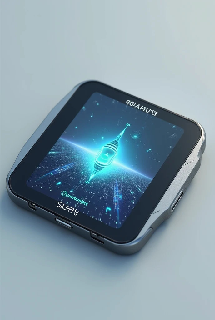 design of a ("""mini TV "" compact tablet ""),(""" with the latest in electronic digital buttons"") incorporated inside , y with the name and brand of (""Quantum Bot "") stuck where you can see better . with an image on the (" digital plasma screen ") of the television .