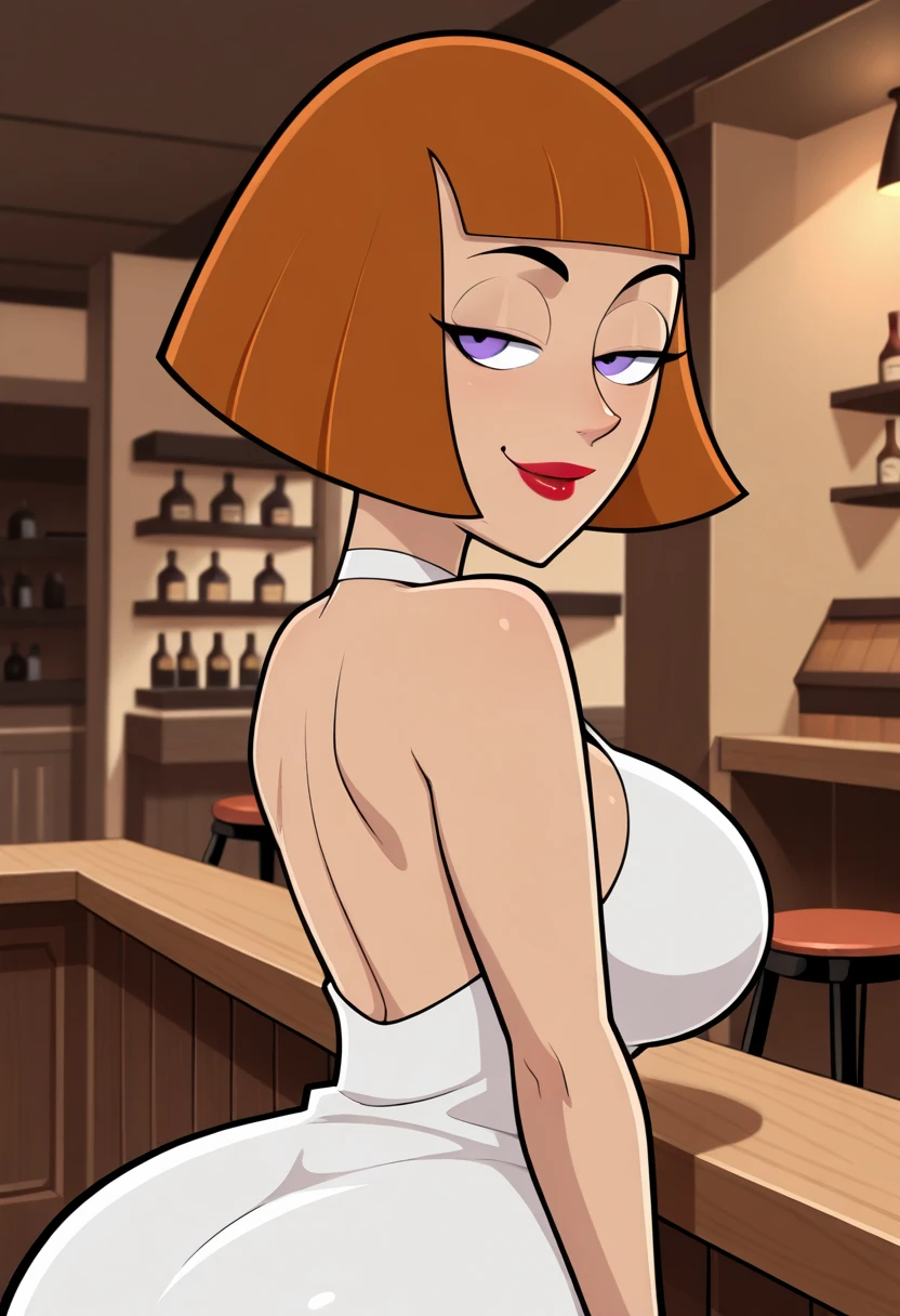 a woman posing in the bar (several other people nearby), 1woman, sexy,ture, obs, nude, c ass, nes, voluptuoublond curly hair, jewelry, bracelet, indoors, solo focus, from behind, multiple boys, crowd, public indecency, public nudity, exhibitionism,(masterpice (high-quality:1.5), (best-quality:1.5), (highly detailed woman), high detailed eyes and face, highly detailed fingers, intricate_details