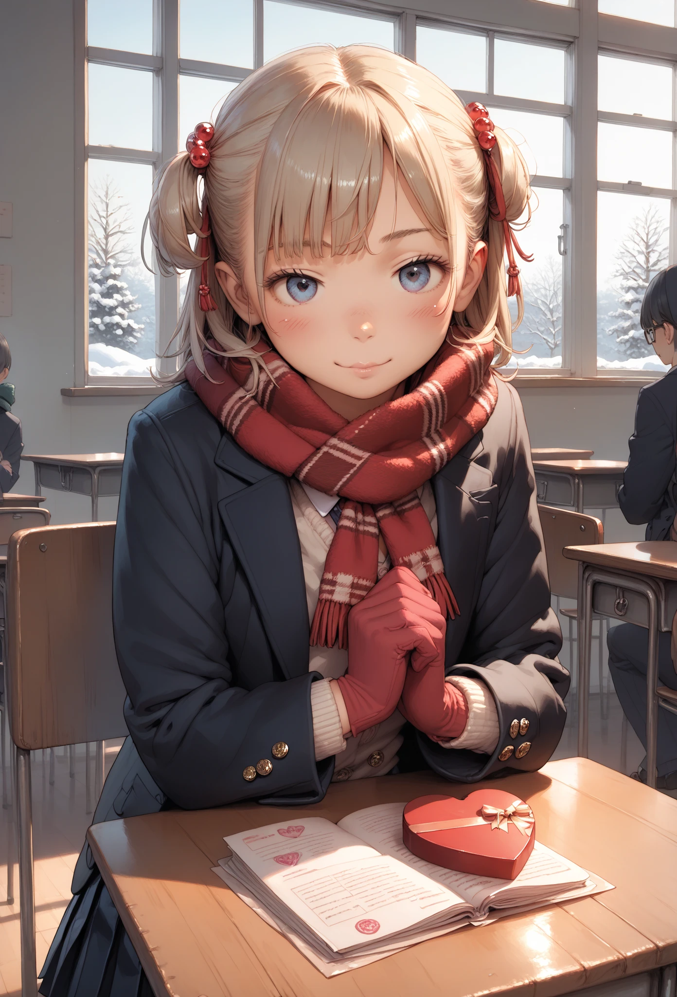 masterpiece, best quality , High Resolution ,Anatomical, detailed explanation ,8k,kawaii,winter,School,classroom,(( 1 )),Baby Face,Petite,flat body , school uniform,Woolen gloves,Woolen scarf, duffle coat,Heart-shaped box, Valentine,