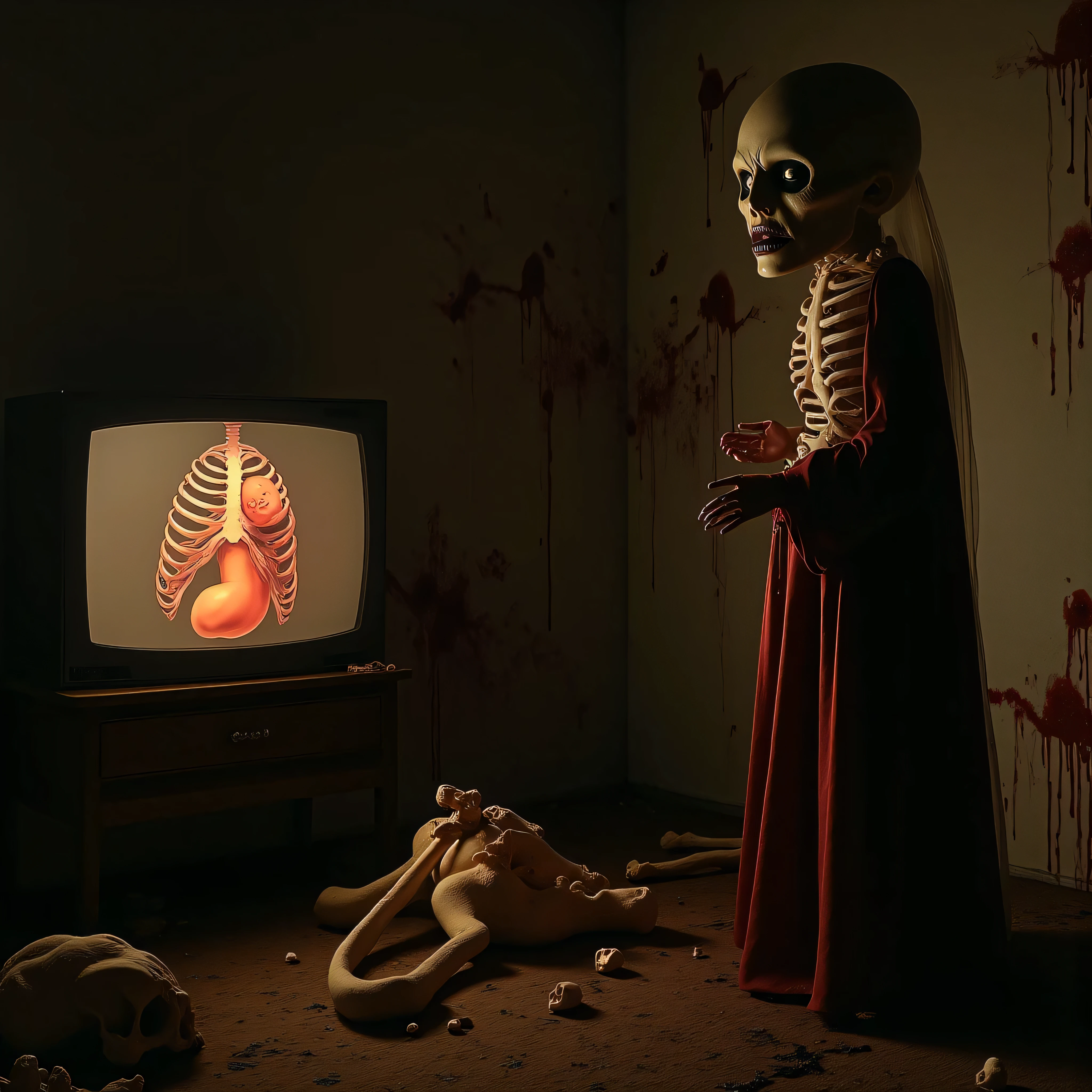 "(the best lighting, HIGH CONTRAST, dark, dramatic),(Woman next to a penis giant gelatin mask, Open the rib cage, fetus, autopsy, human bones, blood on the walls), tv on . Light Caravaggio"