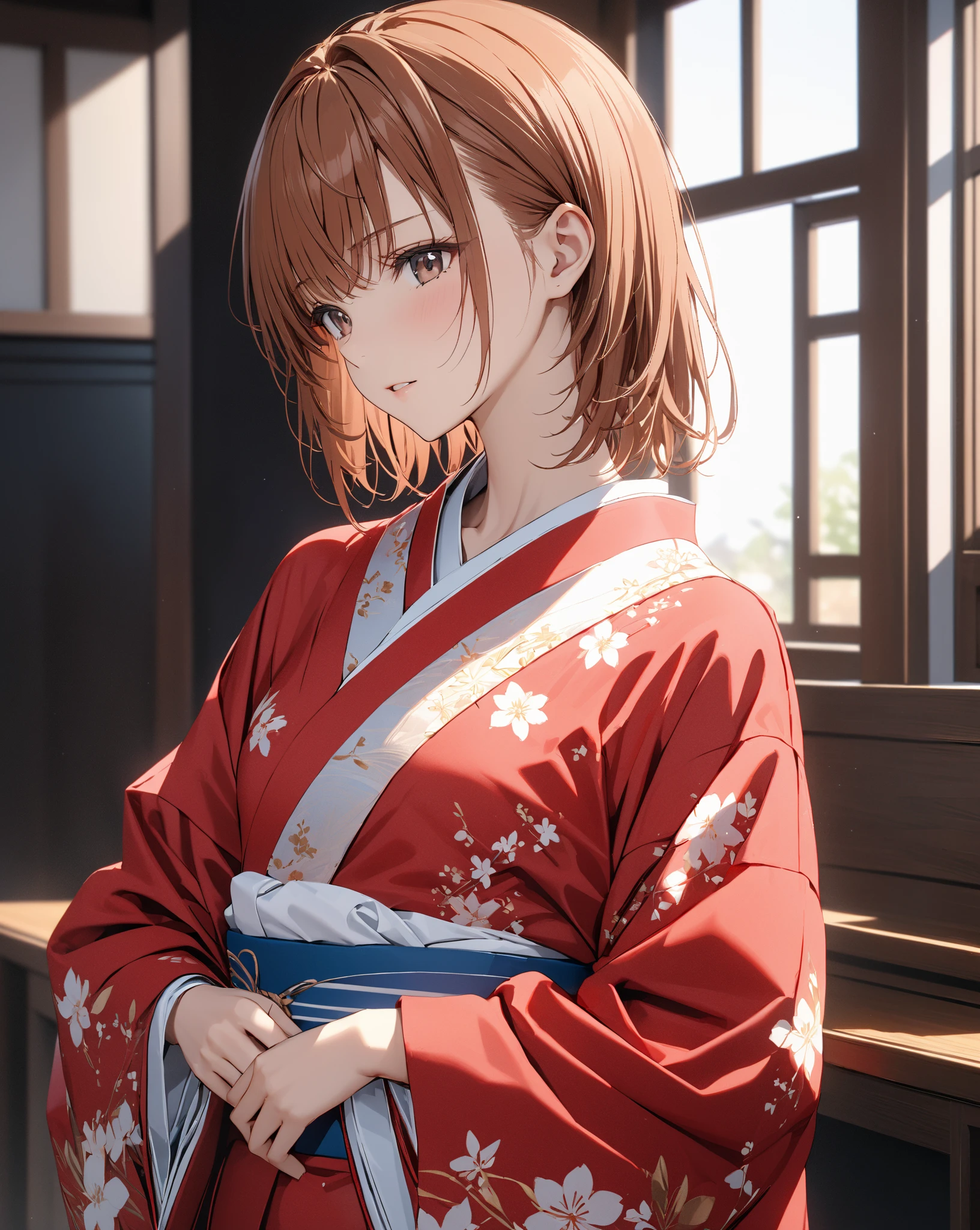 yuiyuigahama, yui yuigahama, short hair, (brown eyes:1.5), (pink hair:1.2), happy smile, smile, open your mouth,bun hair, single bun hair,off shoulder,bare shoulders,naked neck,bare clavicle, red gorgeous kimono,Red long skirt,white foot bag,tatami,sitting,sexy pose,
break indoors, Japanese style room,
break looking at viewer, (cowboy shot:1.5),
break (masterpiece:1.2), highest quality, High resolution, unity 8k wallpaper, (figure:0.8), (detailed and beautiful eyes:1.6), highly detailed face, perfect lighting, Very detailed CG, (perfect hands, perfect ???????),