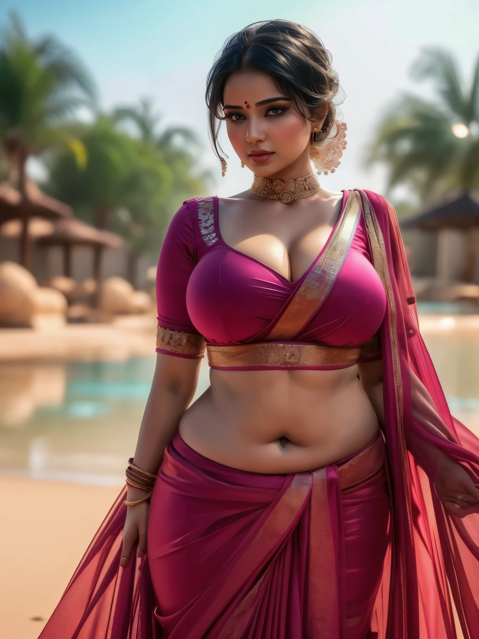 (masterpiece, best quality:1.2), ((((((solo)))))), ((((((1girl)))))), ((looking at camera)), hazel eyes, a smile on the face, royal and lusty look, standing posing like a professional model for a photoshoot, ((((Huge Boobs)))), perfect composition and light, hyper realistic skin texture, super background decorations detailed, 8k, high quality, trending art, trending on art station, photo, intricate details, highly detailed, (((((Cropped Breast Wear))))), ((((Cacti And Sky background)))), (((wearing a bright colour Saree with designs and patterns with sleeves))), (((((big sexy body shape))))), ((((Cacti And Sky background behind her)))), (((Portrait Fashion Photo))), hair bobbles, wince, solid circle eyes, light smile, ear blush, fang, ccurate, makeup, hairband, (double bun hair style), Surrealism, drop shadow, anaglyph, stereogram, tachi-e, pov, atmospheric perspective, glowing light, backlighting, ray tracing, image fill, anaglyph, stereogram, scanlines, speed lines, silhouette, vignetting, 8k, super detail, best quality