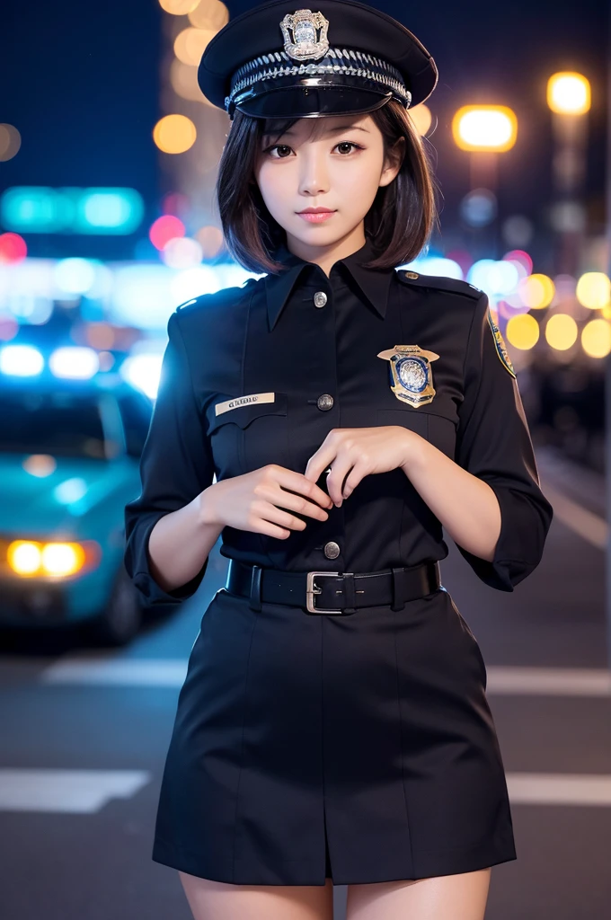 (Best quality: 1.5), (Realistic: 1.5), (1 person: 1.5), (Very detailed), (High resolution), 8k, ((micro miniskirt police)), (micro mini skirt), (medium breasts), natural colored lips, cute smile, 20 year old girl, (beautiful and elaborate face), (perfect and beautiful face), (big eyes), (beautiful and elaborate face), (left and right balance) Beautiful eyes), Beautiful double eyelids, Perfect and beautiful face, Thin arched eyebrows, Slim face, (Slim figure), Beautiful thin nose, Beautiful skin, (Medium bob hair), Natural bangs, Fair skin, Front view lighting, (lighting the face), dark blue eyes, slim waistline, slender beautiful legs, Office room, sitting at the office desk, police uniform, micro miniskirt police, Holding handcuffs in your right hand, holding a notebook in your left hand,
