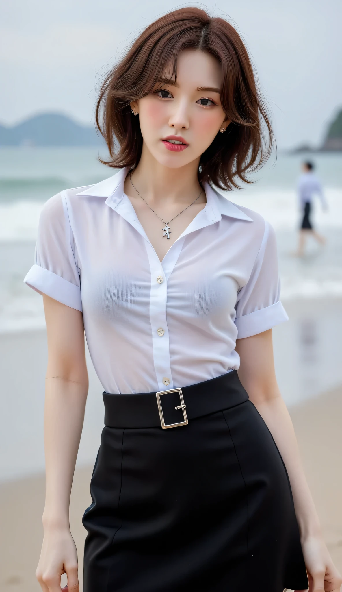 A 20-year-old woman , standing facing the front of being pulled over on the beach, whole body visible, thick dark red lips , use a short sleeve short sleeve formal shirt in white, wears a long formal skirt of black color , sweating a lot, very detailed image quality , using a cross necklace ,