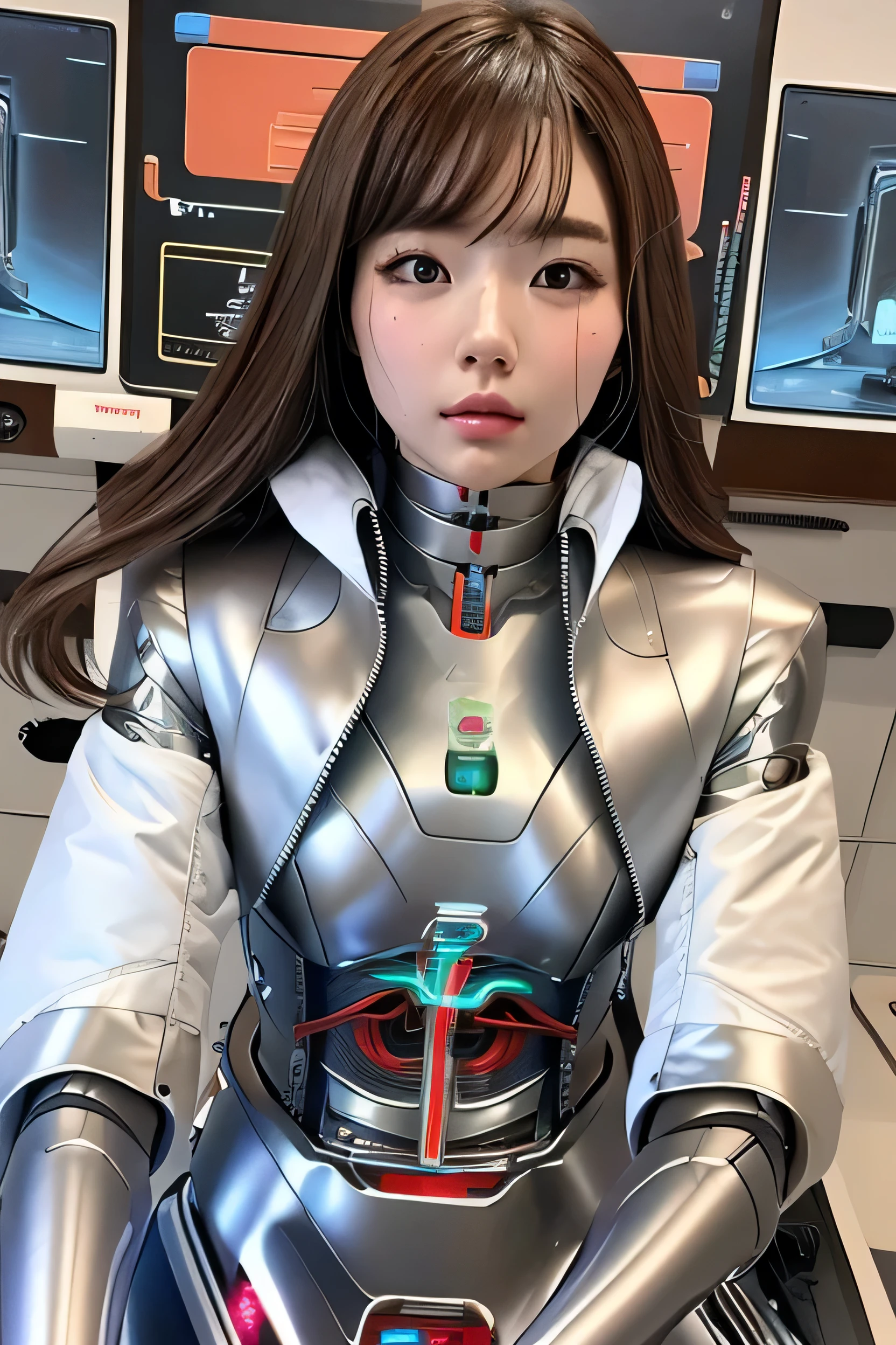 masterpiece, best quality, extremely detailed,front view,japaese android girl,control panels,android,Droid,Mechanical Hand,Robot arms and legs,down jacket,long hair,brown hair,long tube,thick cable connected her neck,